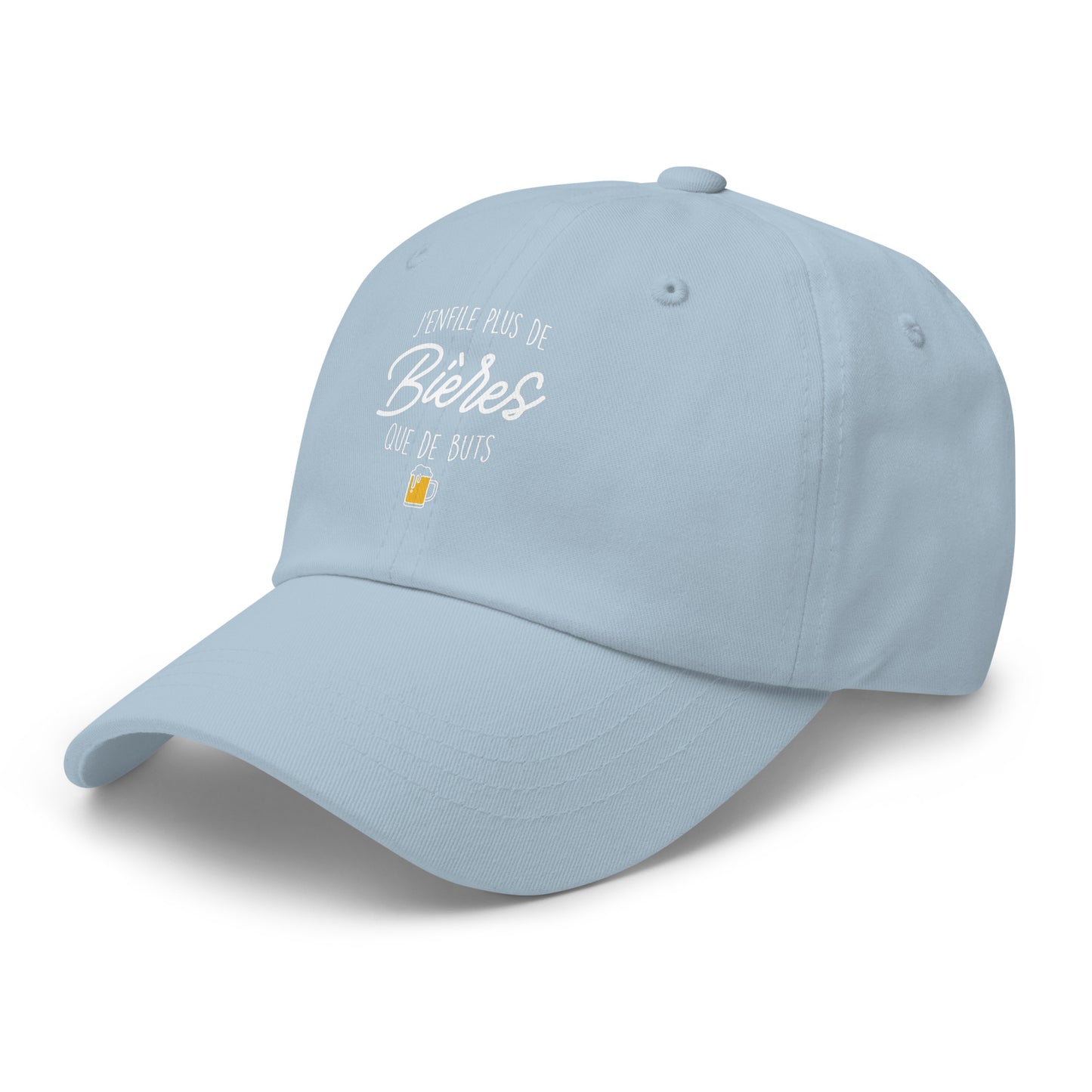 Casquette Baseball, brodée « J'enfile plus de bières que de buts », en Bleu Clair, vue de trois quarts, image 59