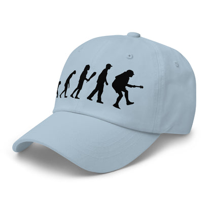 Casquette Baseball, brodée « Evolution de l'homme jusqu'à un guitariste », en Bleu Clair, vue de trois quarts, image 58