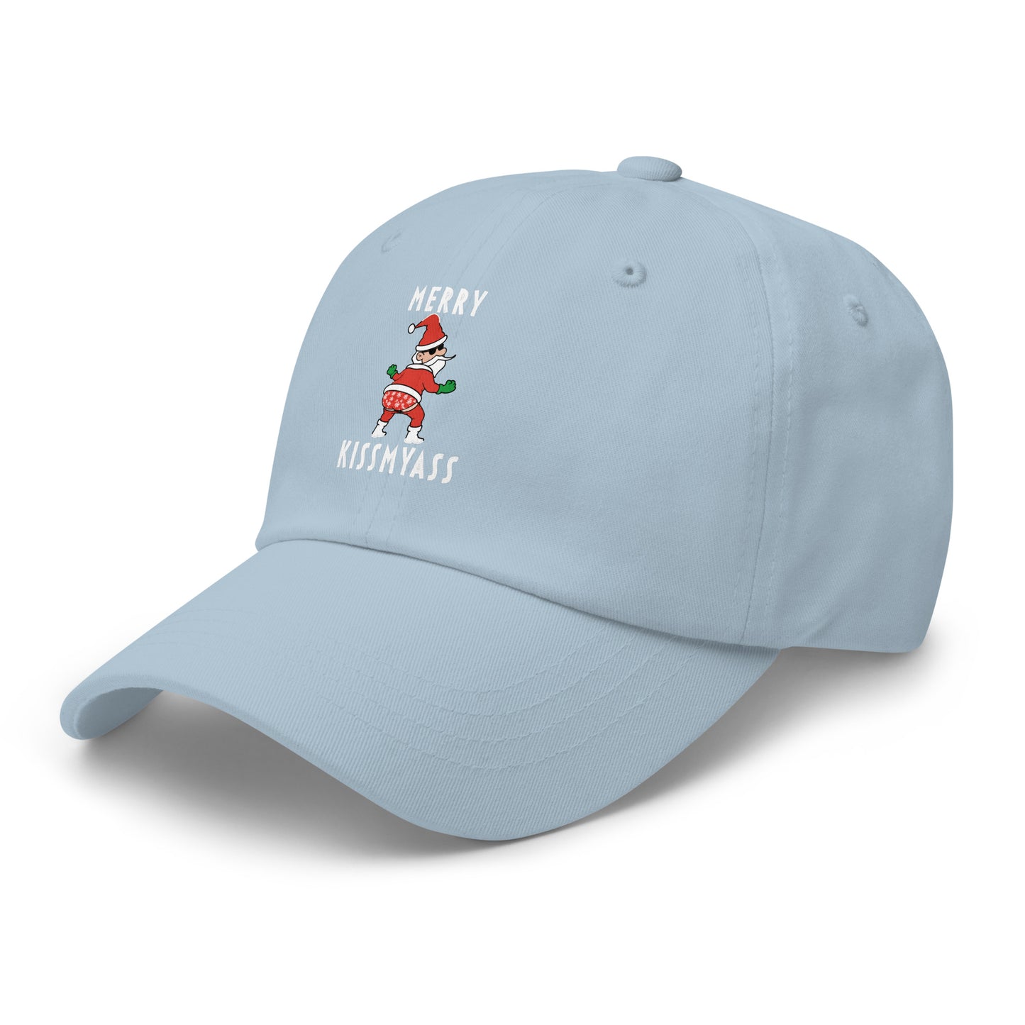 Casquette Baseball, brodée « Merry kiss my ass », en Bleu Clair, vue de trois quarts, image 51