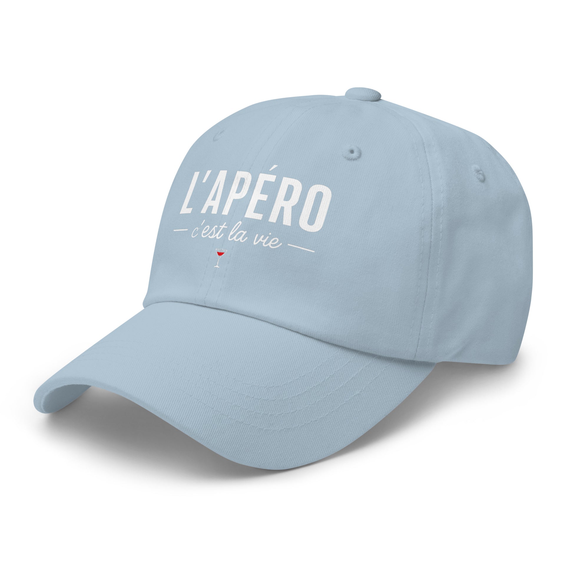 Casquette Baseball, brodée « L'apéro c'est la vie », en Bleu Clair, vue de trois quarts, image 51