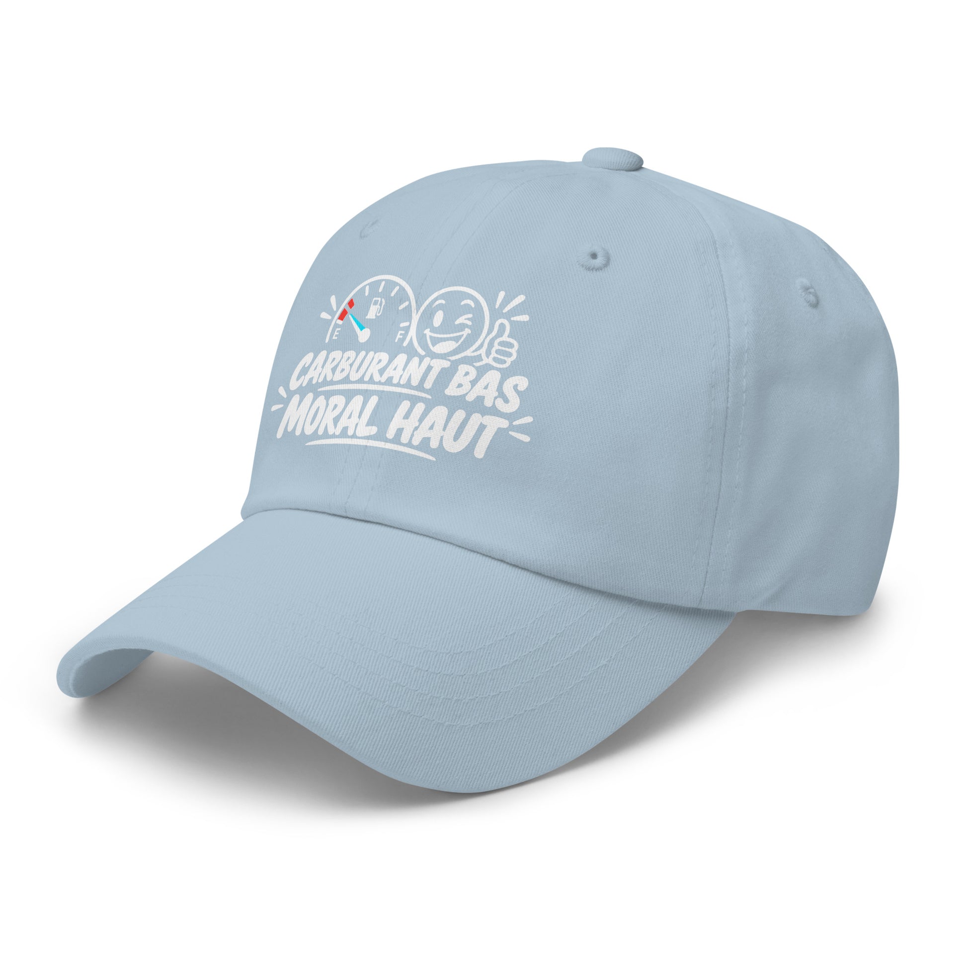Casquette Baseball, brodée « Carburant bas, moral haut », en Bleu Clair, vue de trois quarts, image 51