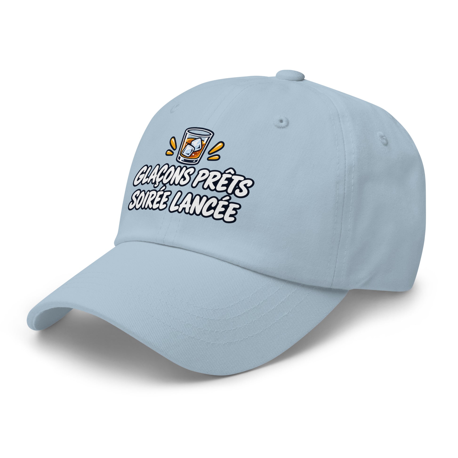 Casquette Baseball, brodée « Glaçons prêts, soirée lancée », en Bleu Clair, vue de trois quarts, image 51