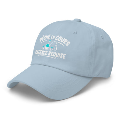 Casquette Baseball, brodée « Pêche en cours, patience requise », en Bleu Clair, vue de trois quarts, image 51