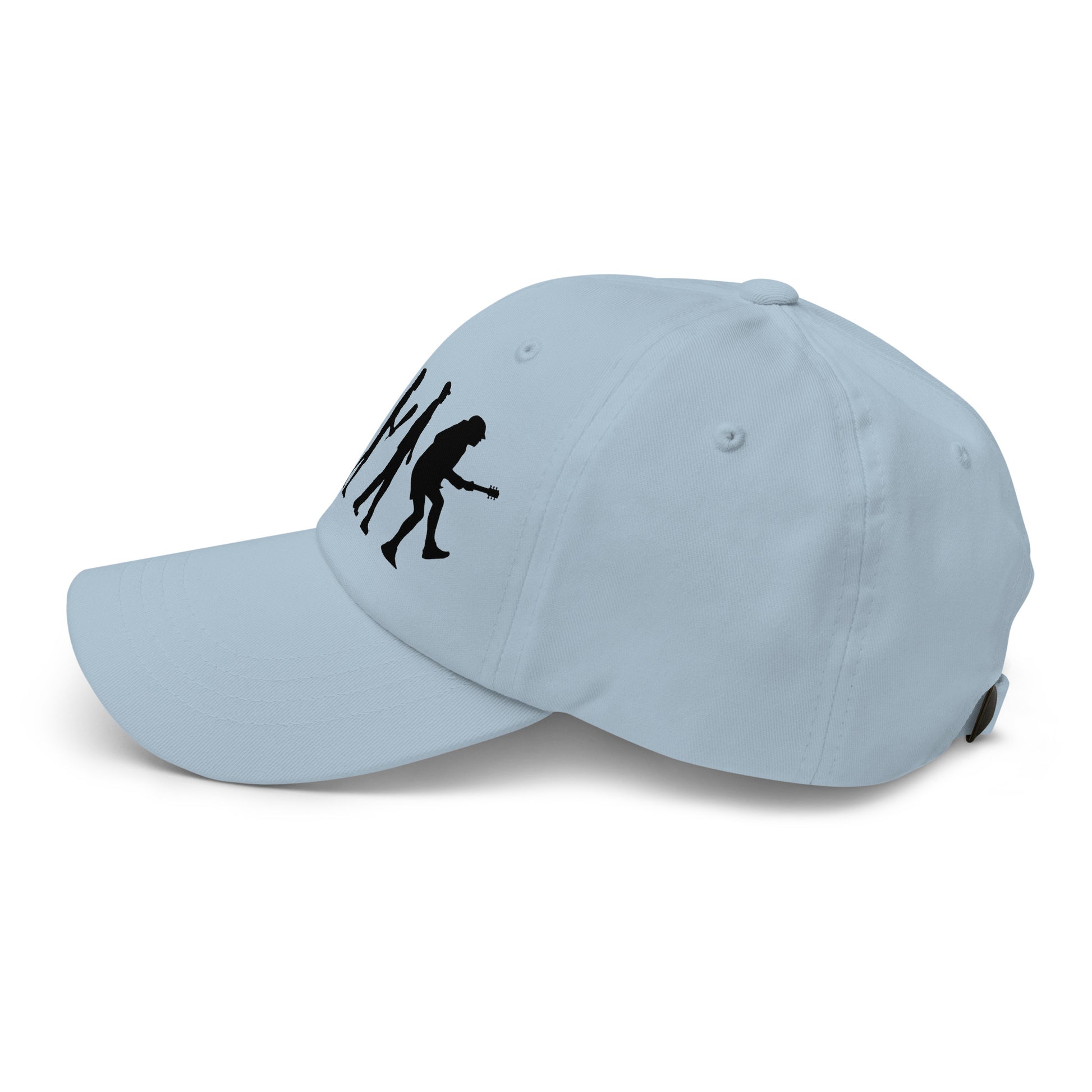 Casquette Baseball, brodée « Evolution de l'homme jusqu'à un guitariste », en Bleu Clair, vue de côté, image 59