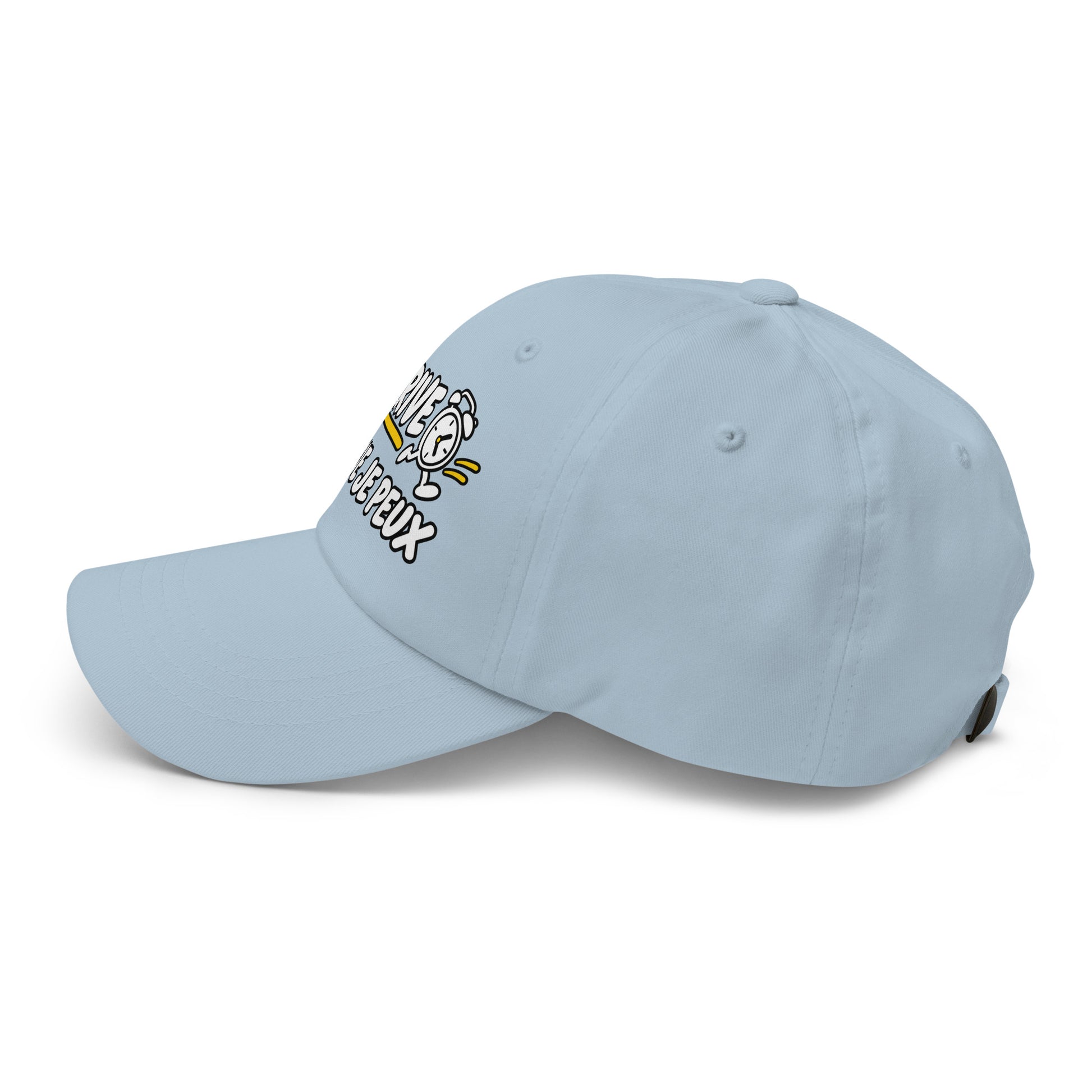 Casquette Baseball, brodée « J'arrive dès que je peux », en Bleu Clair, vue de côté, image 52