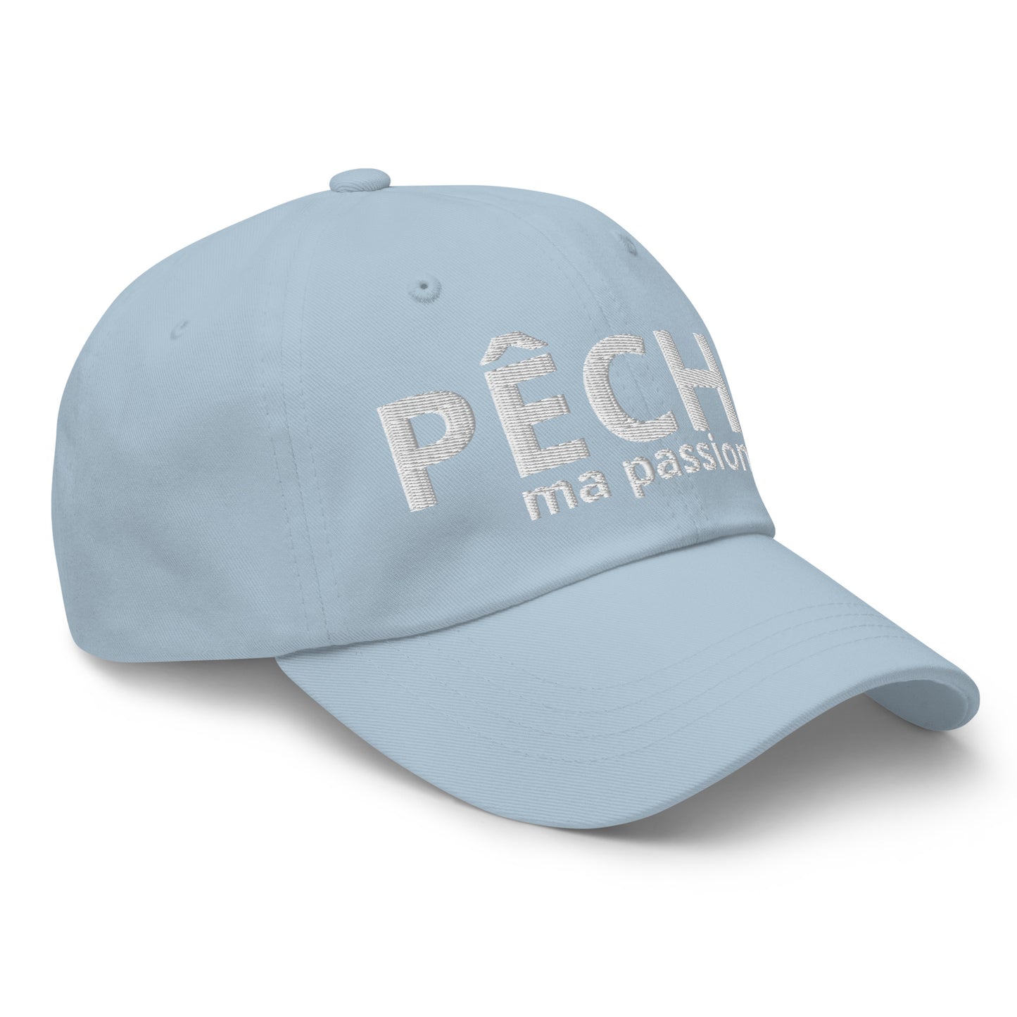 Casquette Baseball, brodée « Pêche ma passion », en Bleu Clair, vue de trois quarts, image 52