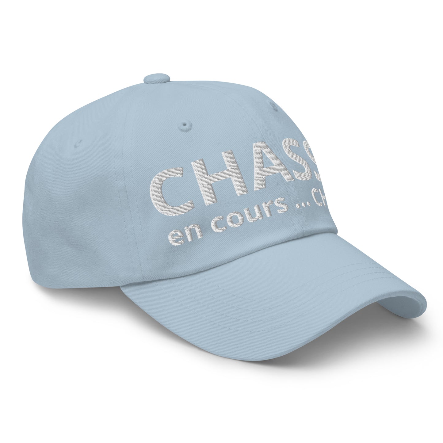 Casquette Baseball, brodée « Chasse en cours ... CHUT ! », en Bleu Clair, vue de trois quarts, image 51