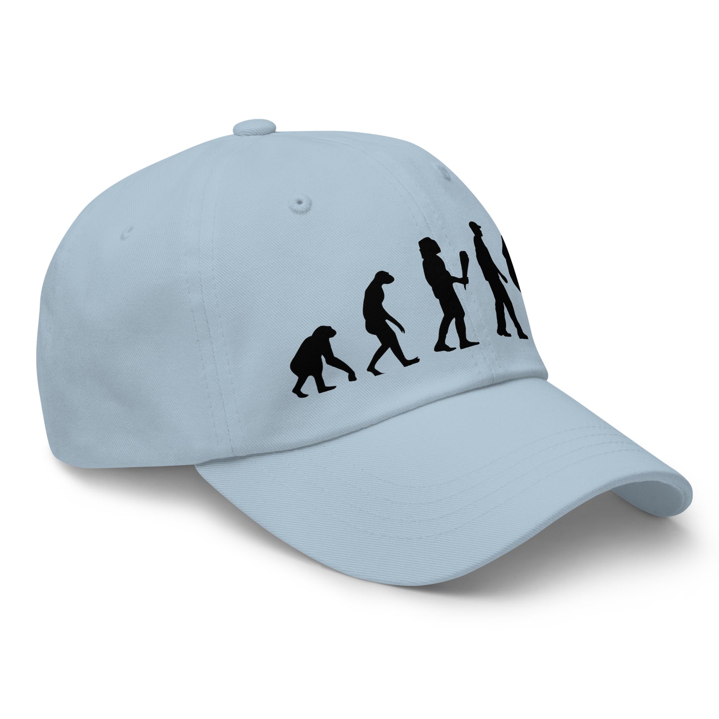 Casquette Baseball, brodée « Evolution de l'homme jusqu'à un guitariste », en Bleu Clair, vue de trois quarts, image 60