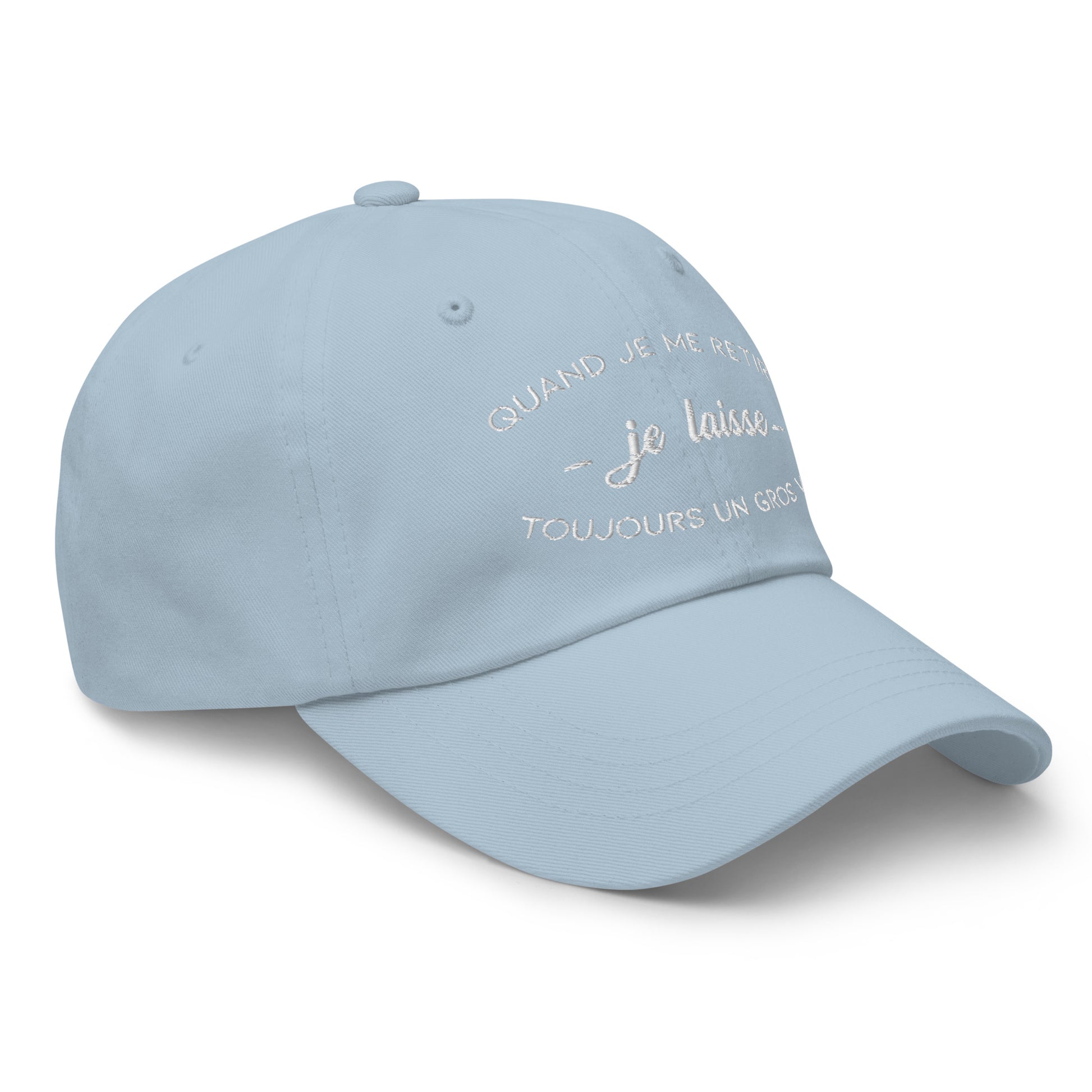 Casquette Baseball, brodée « Quand je me retire, je laisse toujours un gros vide », en Bleu Clair, vue de trois quarts, image 52