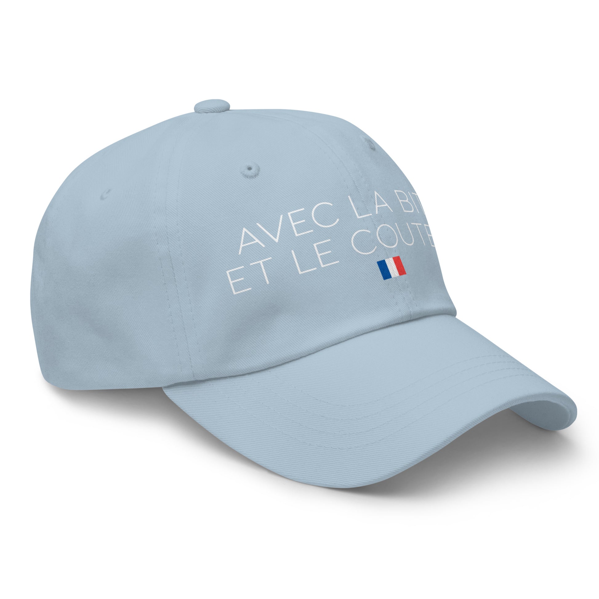 Casquette Baseball, brodée « Avec la bite et le couteau », en Bleu Clair, vue de trois quarts, image 53