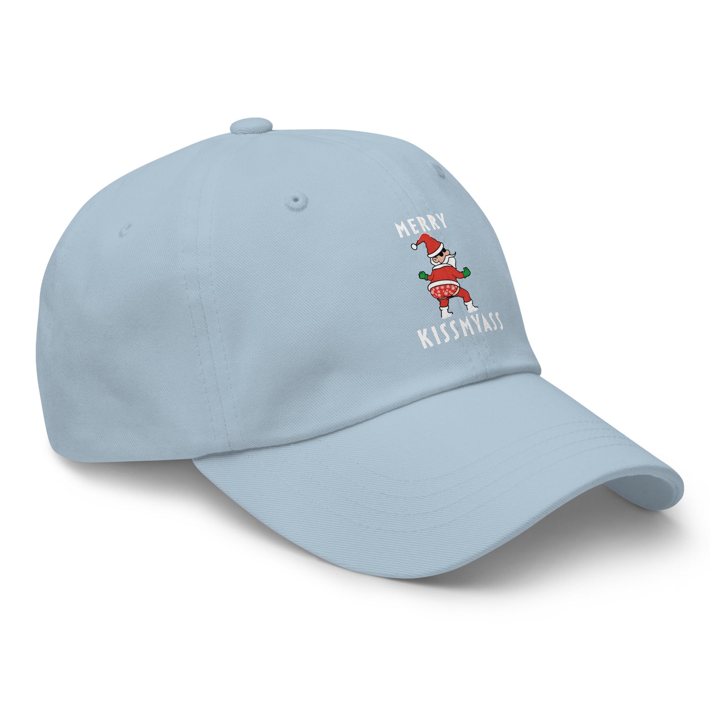 Casquette Baseball, brodée « Merry kiss my ass », en Bleu Clair, vue de trois quarts, image 53