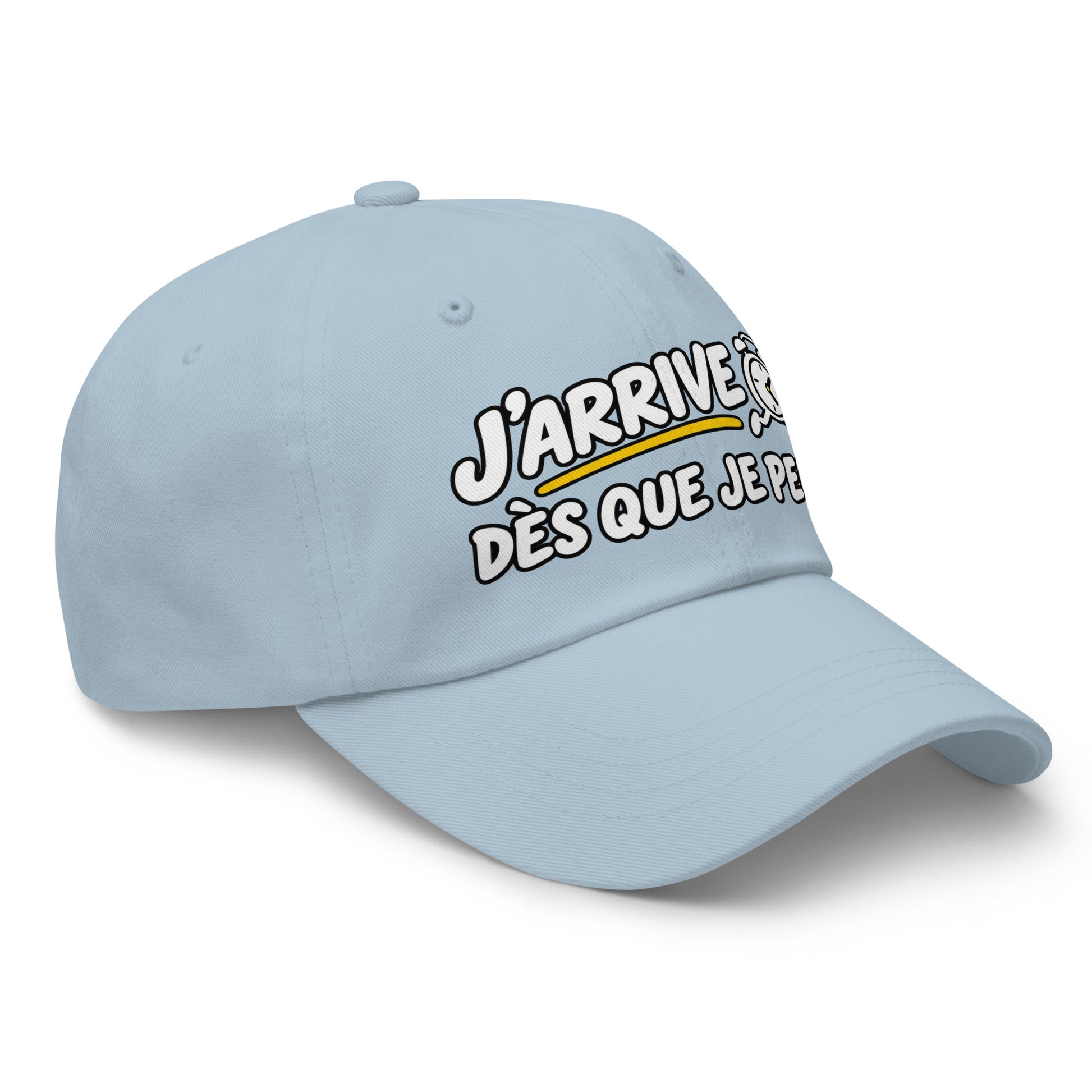 Casquette Baseball, brodée « J'arrive dès que je peux », en Bleu Clair, vue de trois quarts, image 53