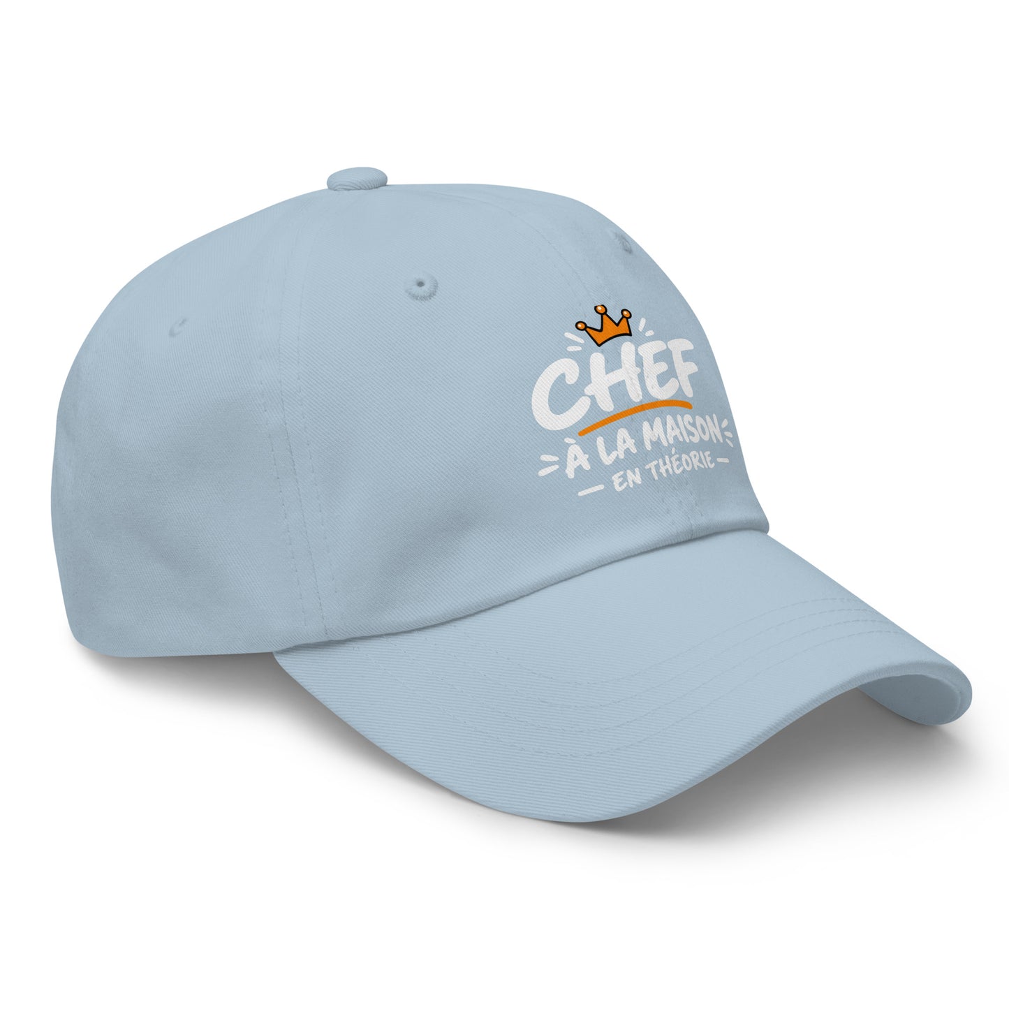 Casquette Baseball, brodée « Chef à la maison, en théorie », en Bleu Clair, vue de trois quarts, image 53