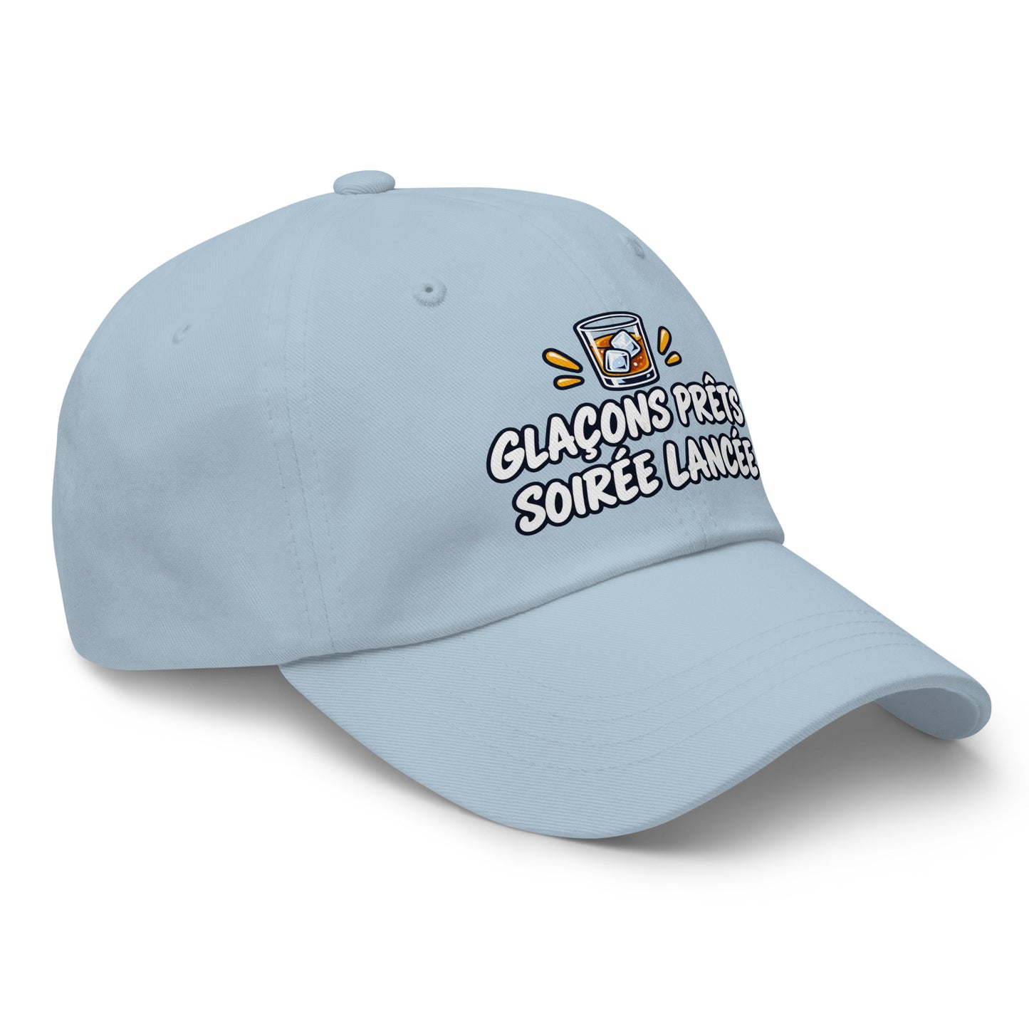 Casquette Baseball, brodée « Glaçons prêts, soirée lancée », en Bleu Clair, vue de trois quarts, image 53