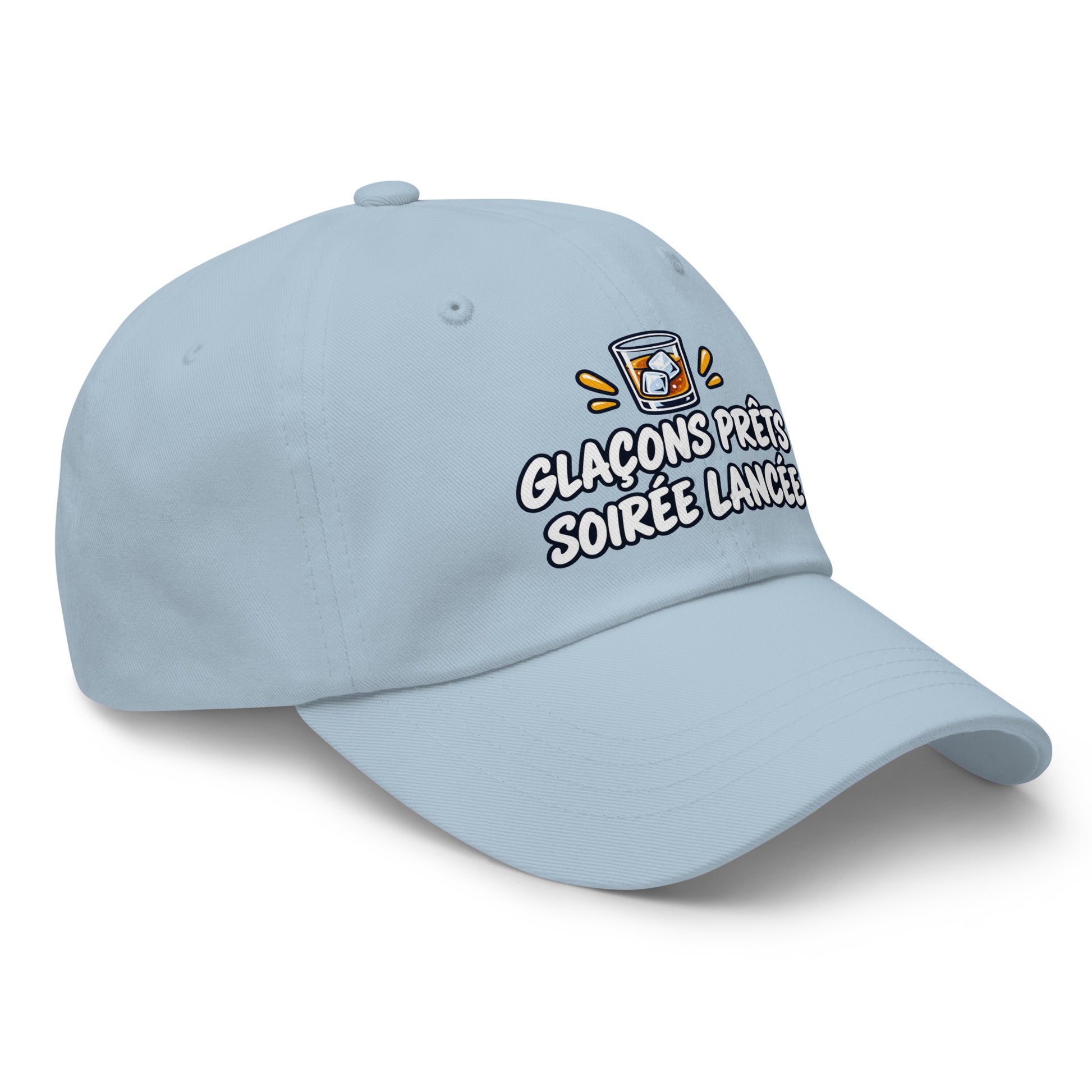 Casquette Baseball, brodée « Glaçons prêts, soirée lancée », en Bleu Clair, vue de trois quarts, image 53