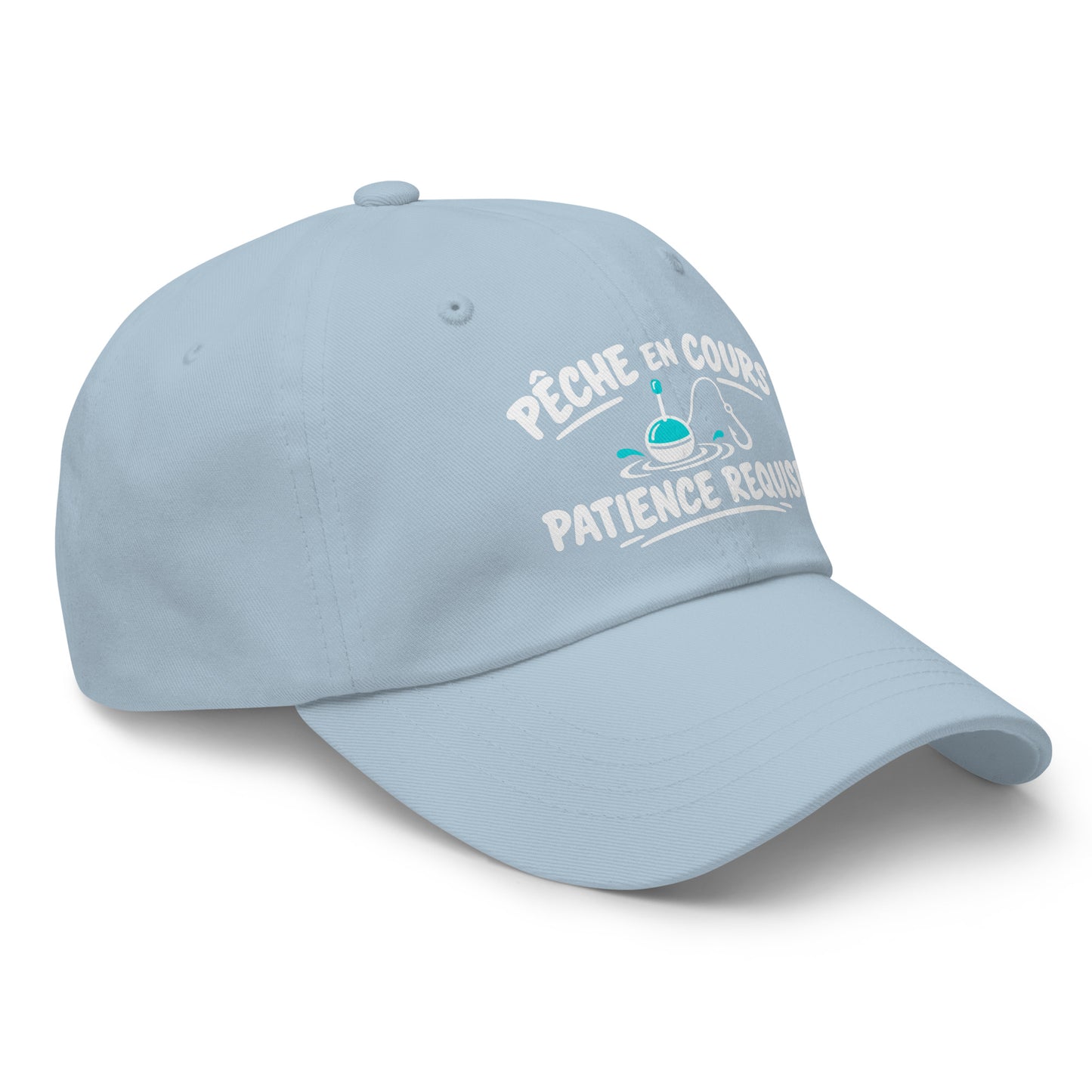 Casquette Baseball, brodée « Pêche en cours, patience requise », en Bleu Clair, vue de trois quarts, image 53