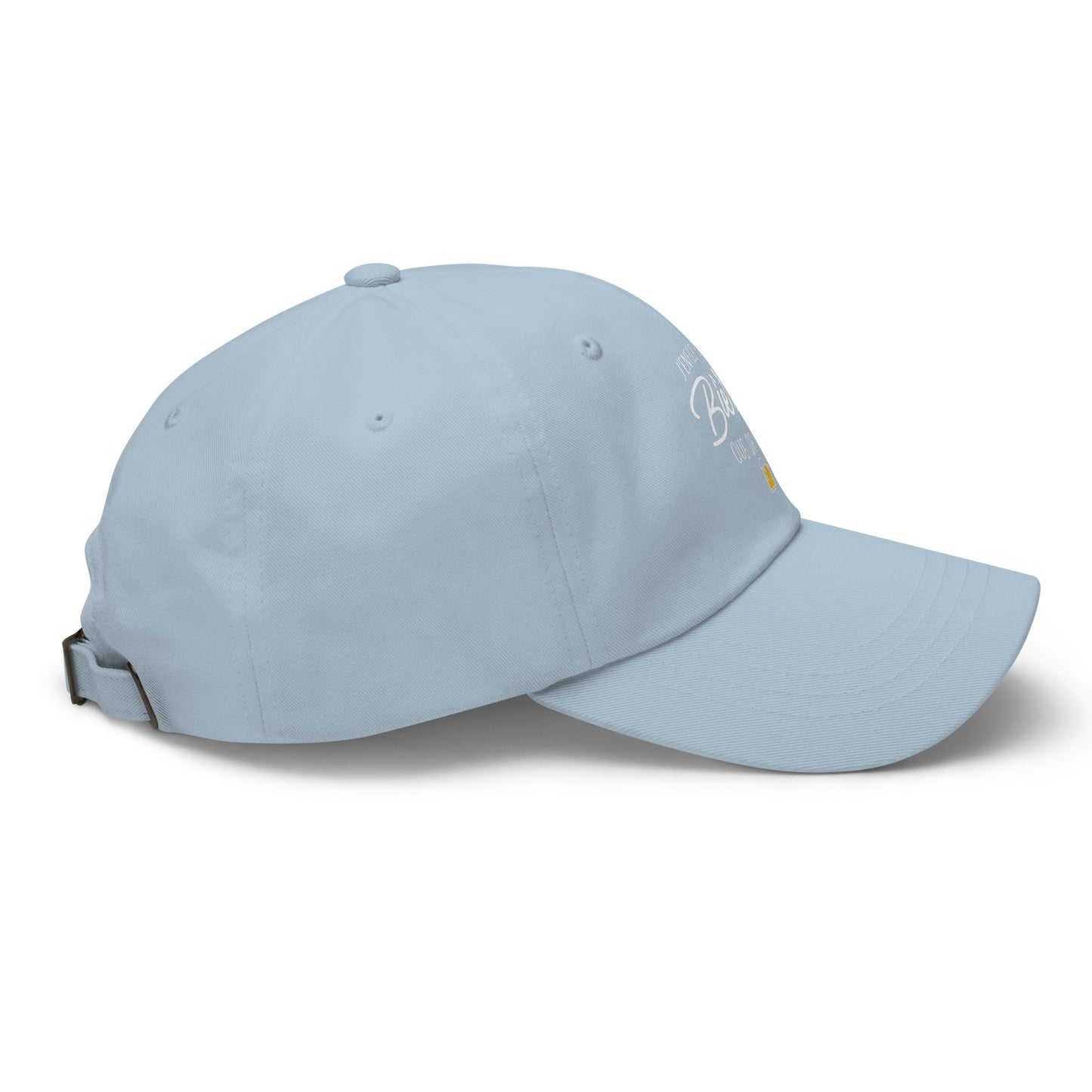 Casquette Baseball, brodée « J'enfile plus de bières que de buts », en Bleu Clair, vue de côté, image 62