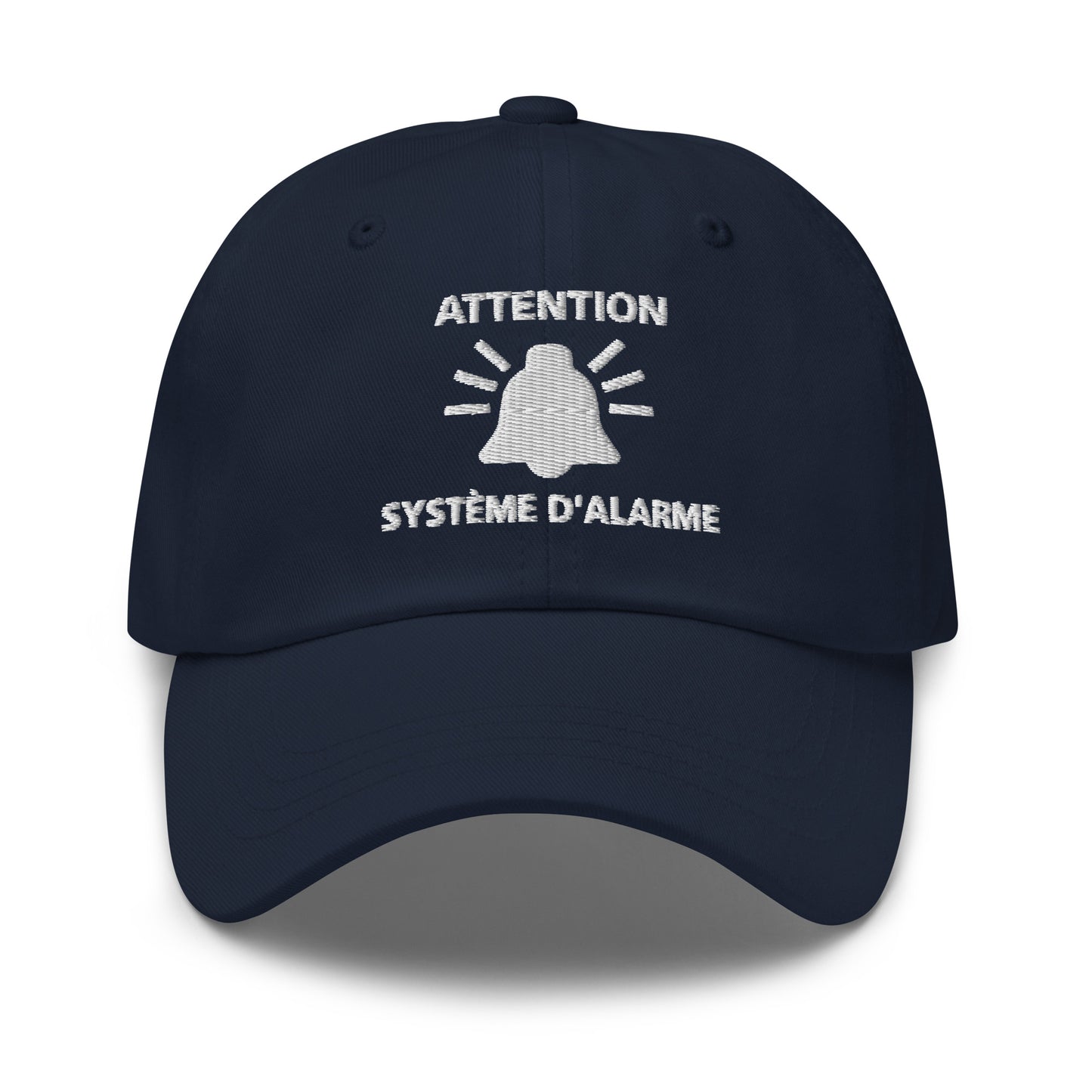 Casquette Baseball, brodée « Attention, système d'alarme », en Bleu Marine, vue de face, image 2