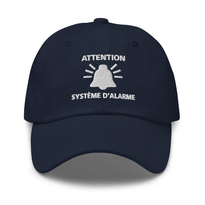 Casquette Baseball, brodée « Attention, système d'alarme », en Bleu Marine, vue de face, image 2