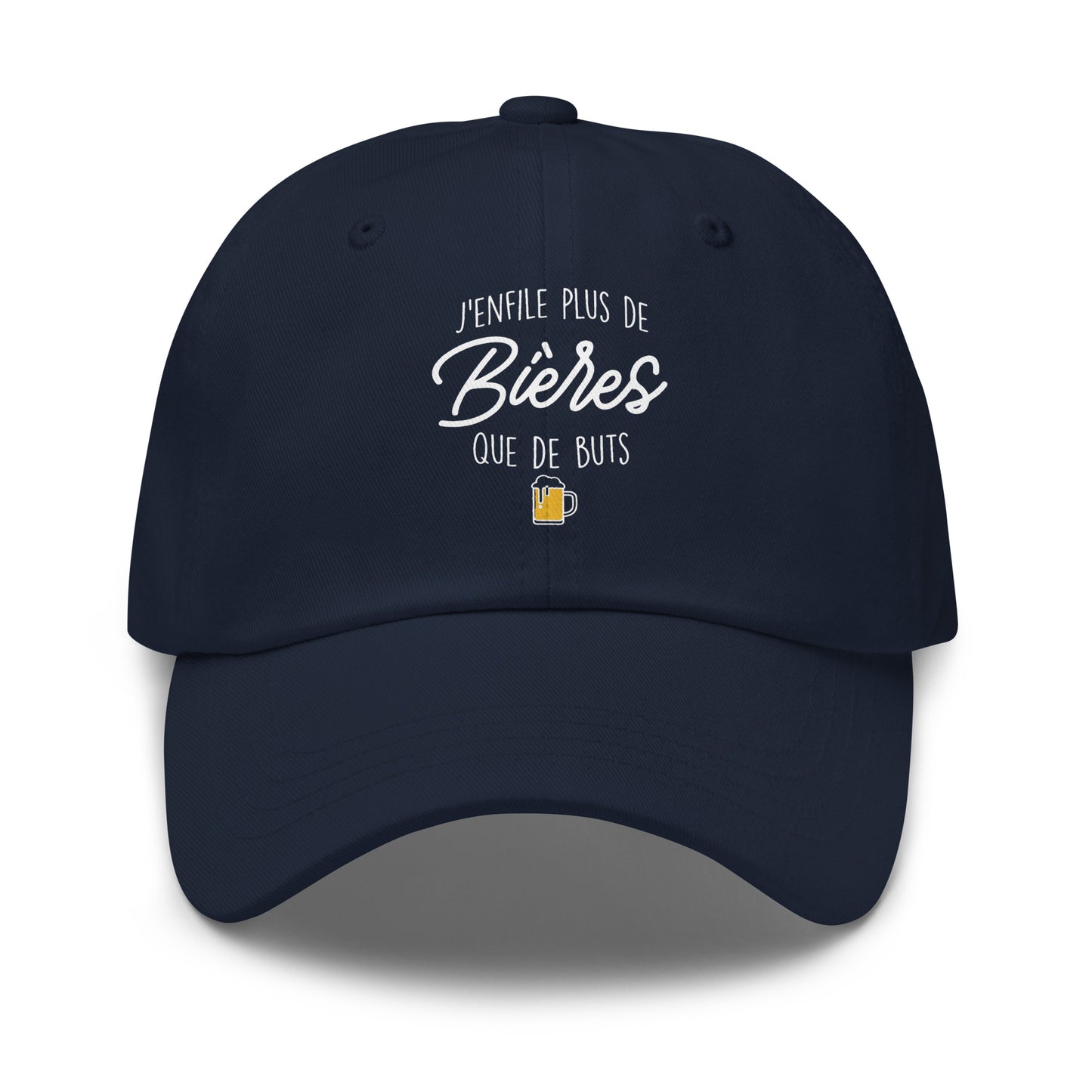 Casquette Baseball, brodée « J'enfile plus de bières que de buts », en Bleu Marine, vue de face, image 5