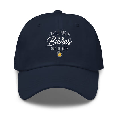Casquette Baseball, brodée « J'enfile plus de bières que de buts », en Bleu Marine, vue de face, image 5