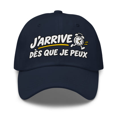 Casquette Baseball, brodée « J'arrive dès que je peux », en Bleu Marine, vue de face, image 8