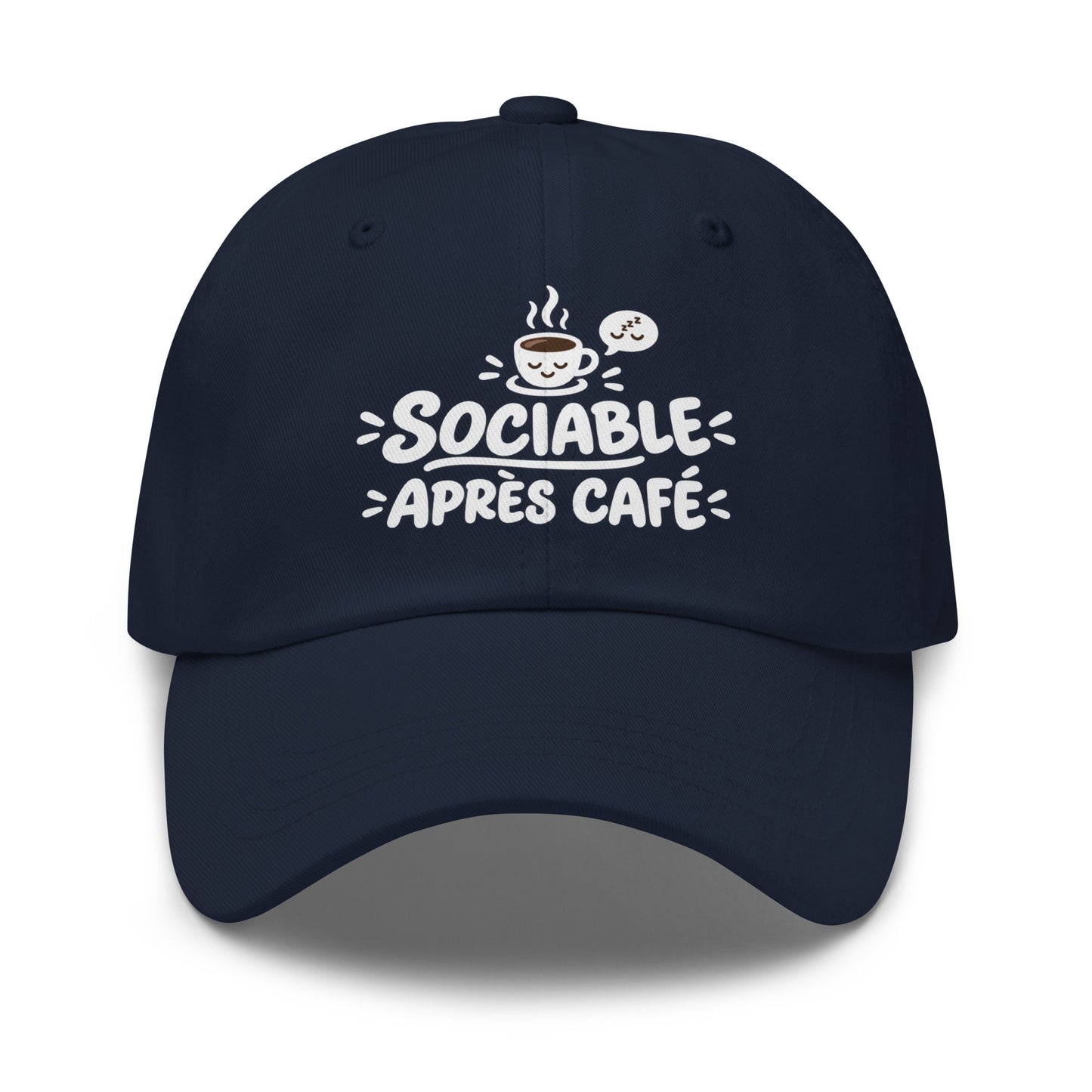 Casquette Baseball, brodée « Sociable après café », en Bleu Marine, vue de face, image 8