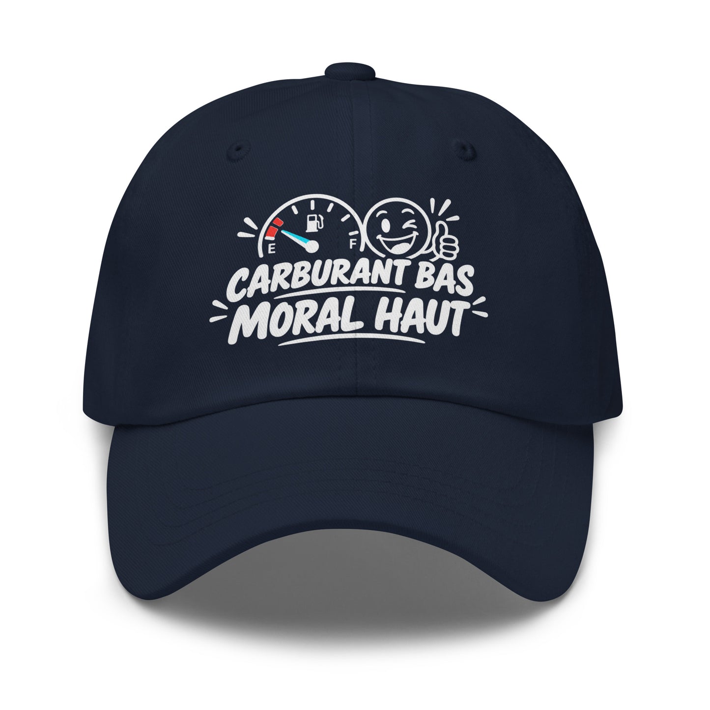Casquette Baseball, brodée « Carburant bas, moral haut », en Bleu Marine, vue de face, image 7