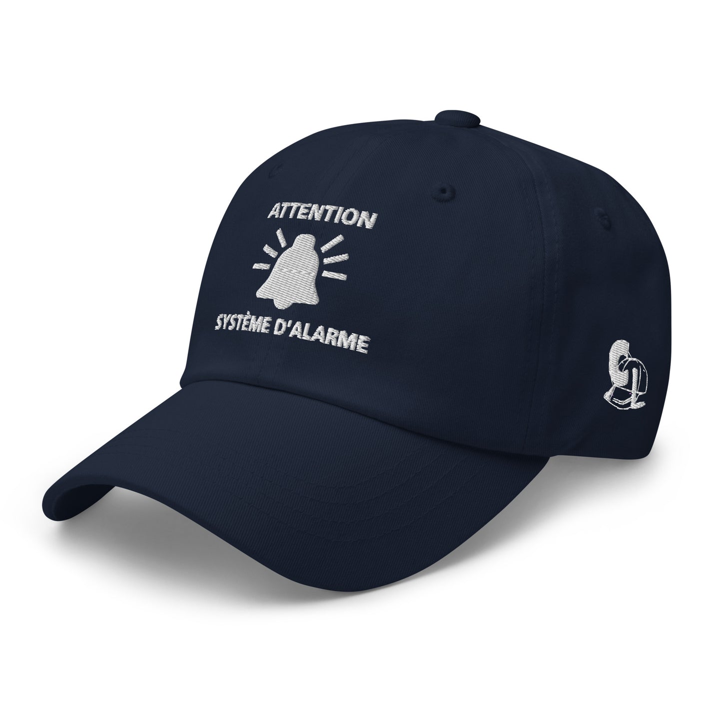 Casquette Baseball, brodée « Attention, système d'alarme », en Bleu Marine, vue de trois quarts, image 25