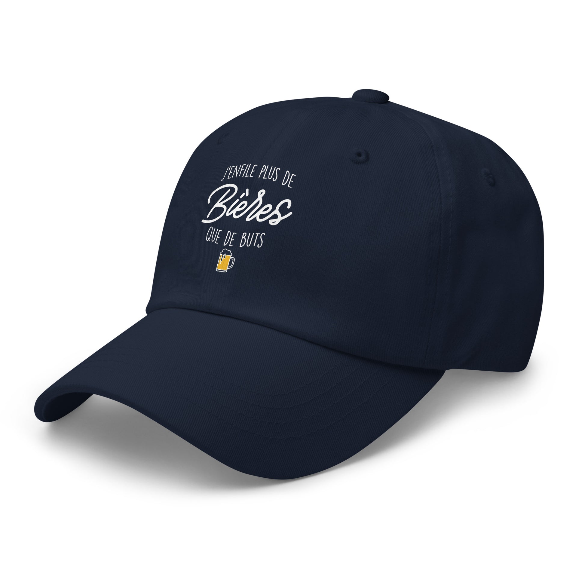 Casquette Baseball, brodée « J'enfile plus de bières que de buts », en Bleu Marine, vue de trois quarts, image 25