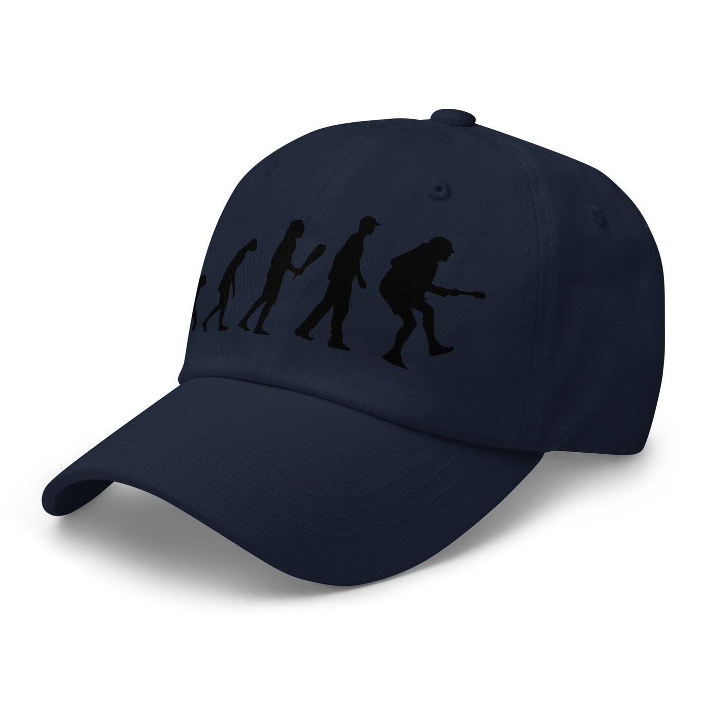 Casquette Baseball, brodée « Evolution de l'homme jusqu'à un guitariste », en Bleu Marine, vue de trois quarts, image 22