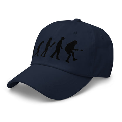 Casquette Baseball, brodée « Evolution de l'homme jusqu'à un guitariste », en Bleu Marine, vue de trois quarts, image 22
