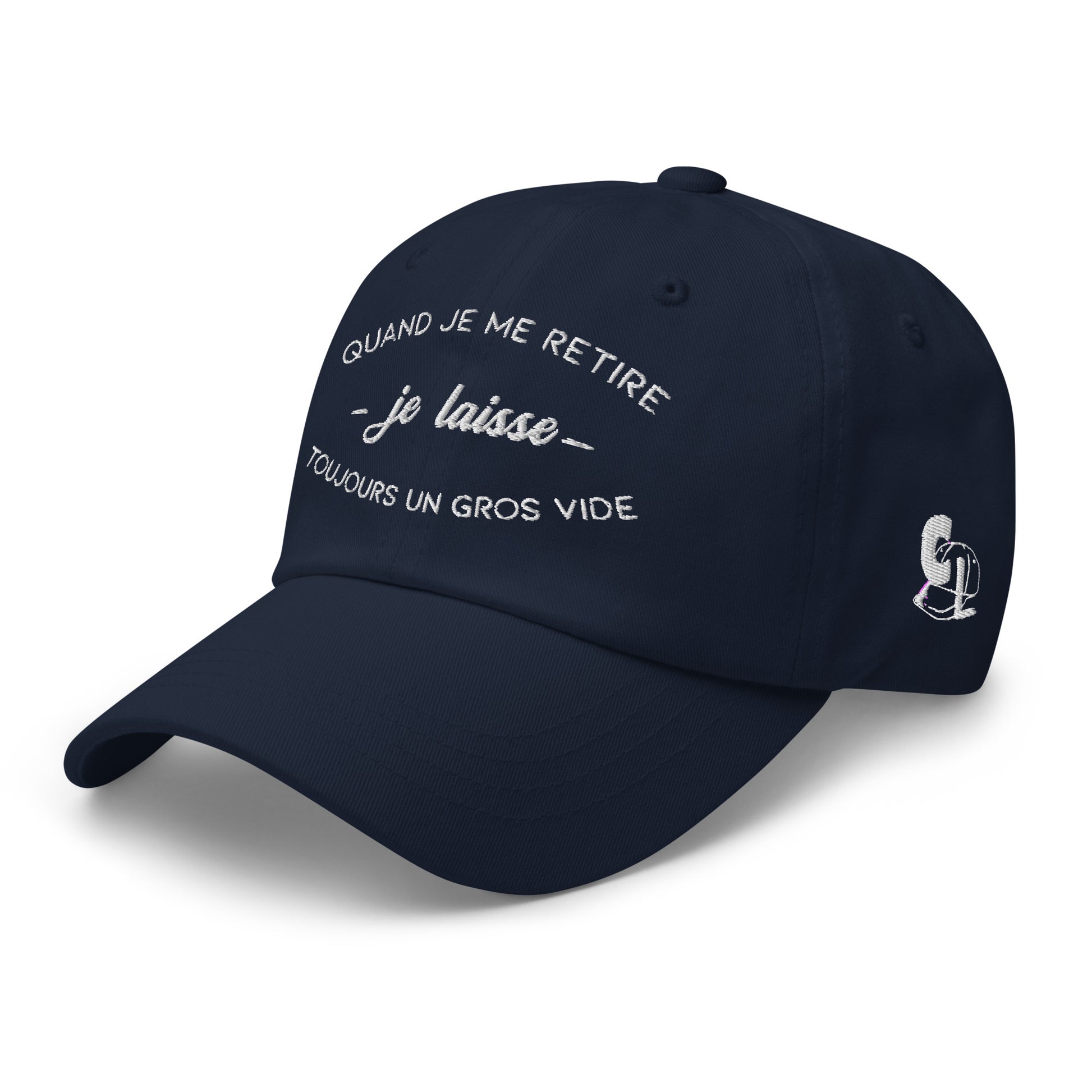 Casquette Baseball, brodée « Quand je me retire, je laisse toujours un gros vide », en Bleu Marine, vue de trois quarts