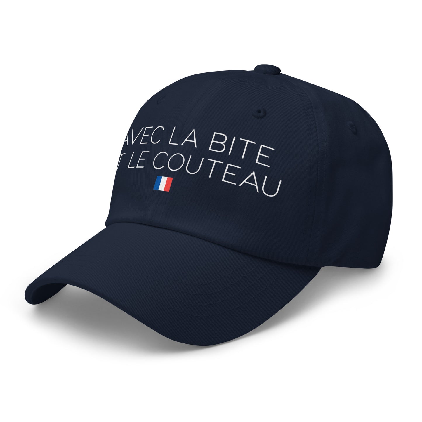 Casquette Baseball, brodée « Avec la bite et le couteau », en Bleu Marine, vue de trois quarts, image 10