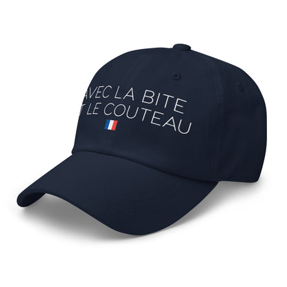 Casquette Baseball, brodée « Avec la bite et le couteau », en Bleu Marine, vue de trois quarts, image 10