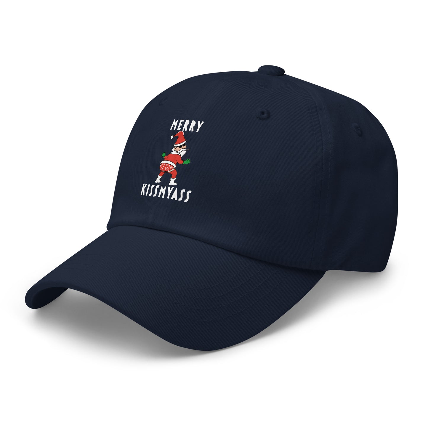 Casquette Baseball, brodée « Merry kiss my ass », en Bleu Marine, vue de trois quarts, image 9