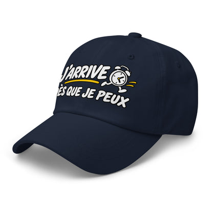 Casquette Baseball, brodée « J'arrive dès que je peux », en Bleu Marine, vue de trois quarts, image 10