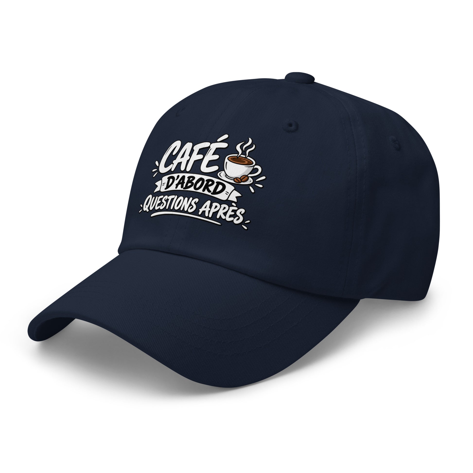 Casquette Baseball, brodée « Café d'abord, questions après », en Bleu Marine, vue de trois quarts, image 10