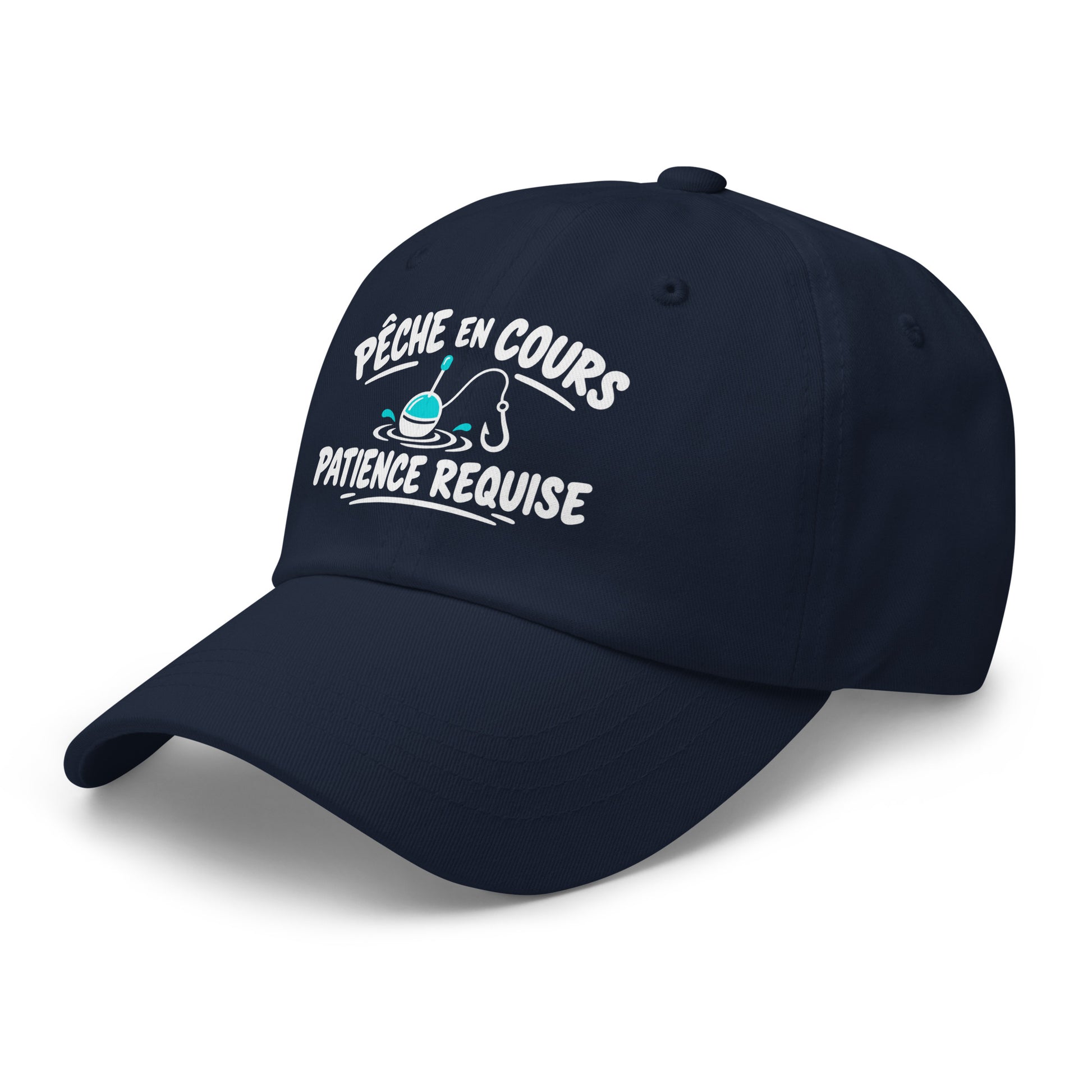 Casquette Baseball, brodée « Pêche en cours, patience requise », en Bleu Marine, vue de trois quarts, image 10
