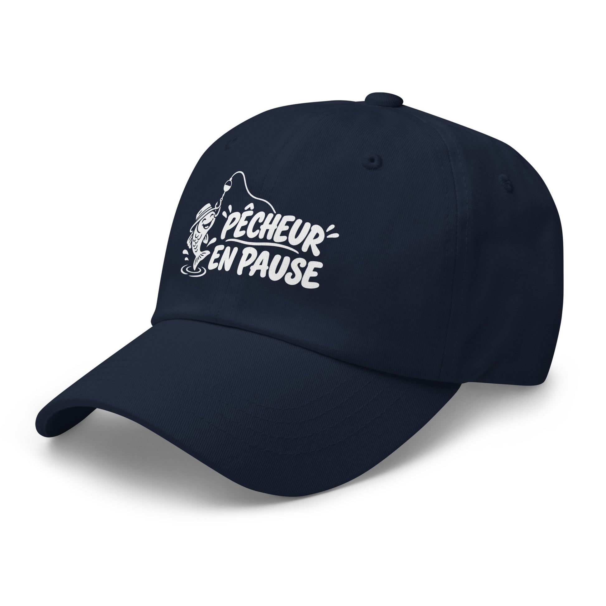 Casquette Baseball, brodée « Pêcheur en pause », en Bleu Marine, vue de trois quarts, image 10