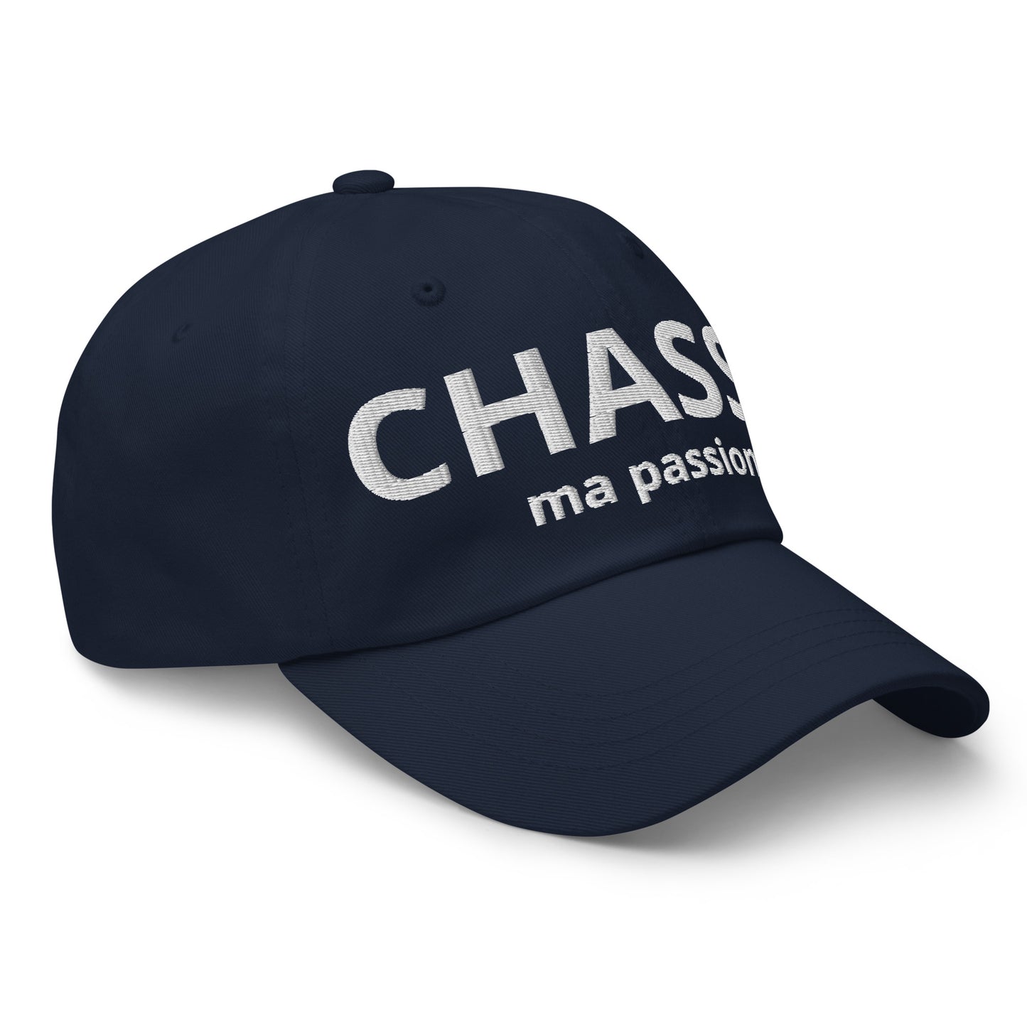 Casquette Baseball, brodée « Chasse ma passion », en Bleu Marine, vue de trois quarts, image 16