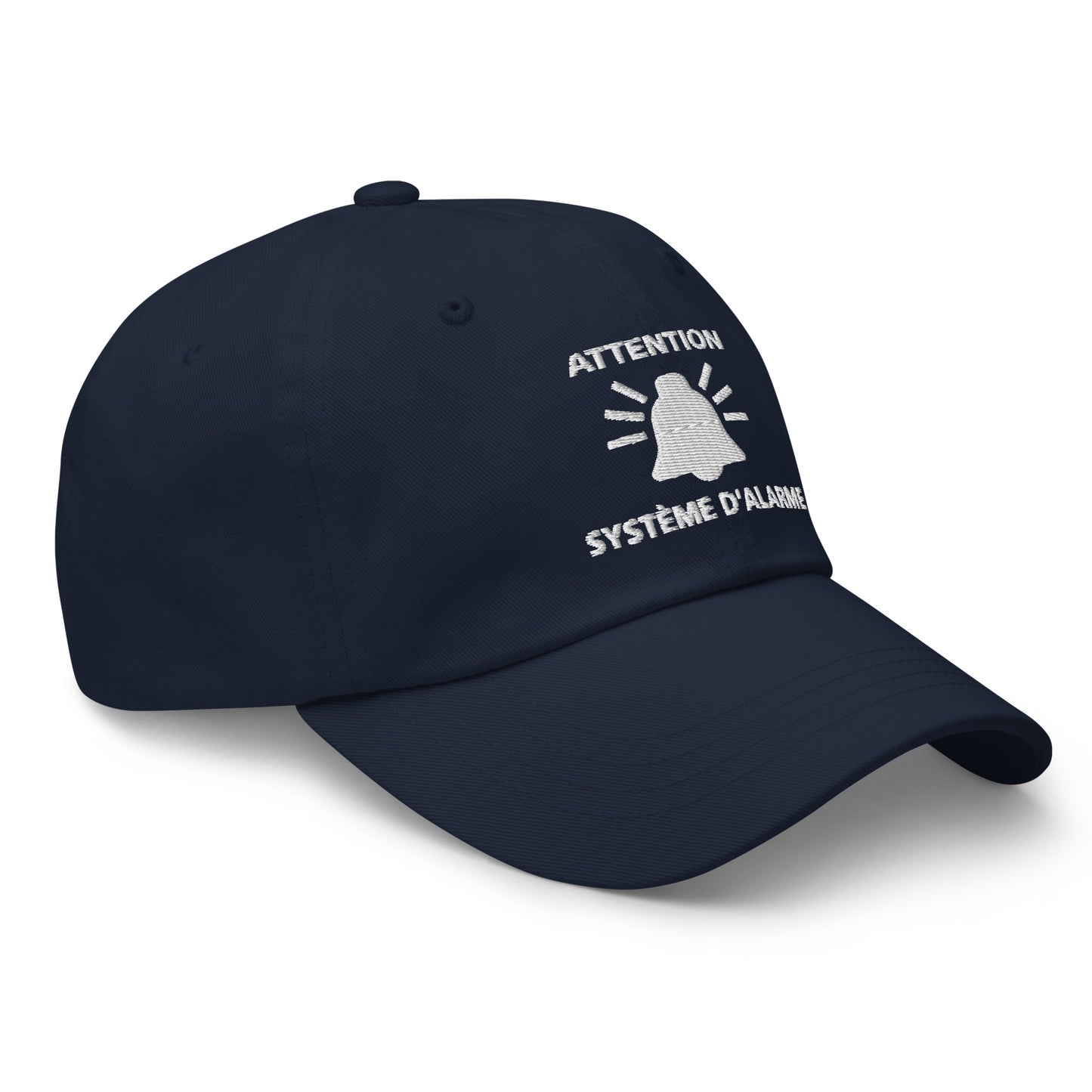 Casquette Baseball, brodée « Attention, système d'alarme », en Bleu Marine, vue de trois quarts, image 23