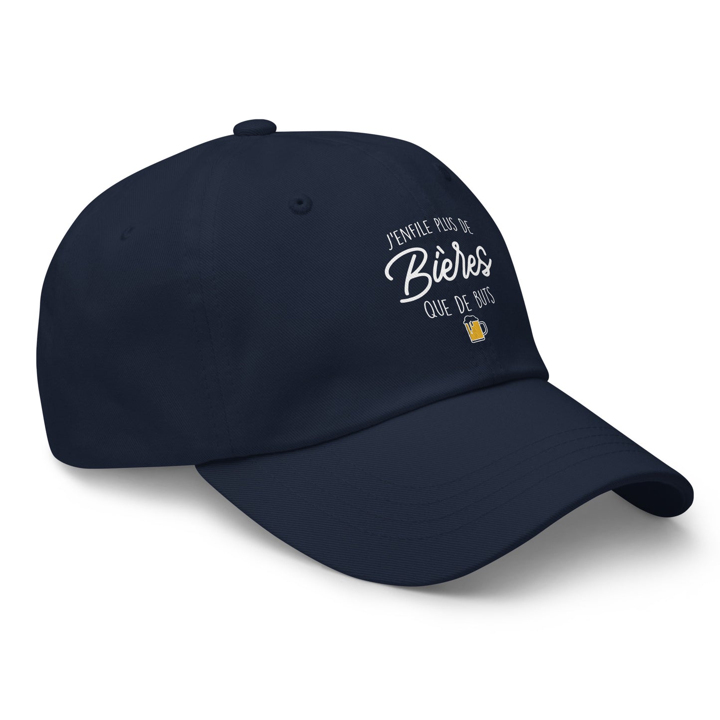 Casquette Baseball, brodée « J'enfile plus de bières que de buts », en Bleu Marine, vue de trois quarts, image 27