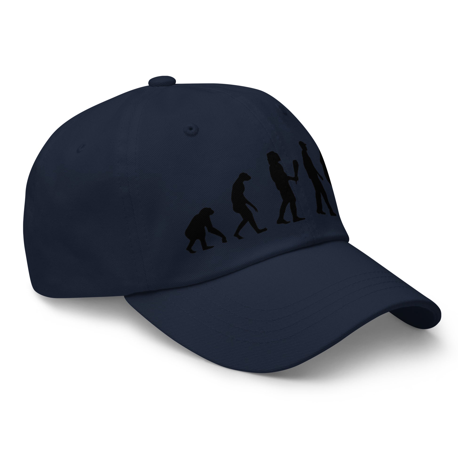 Casquette Baseball, brodée « Evolution de l'homme jusqu'à un guitariste », en Bleu Marine, vue de trois quarts, image 24
