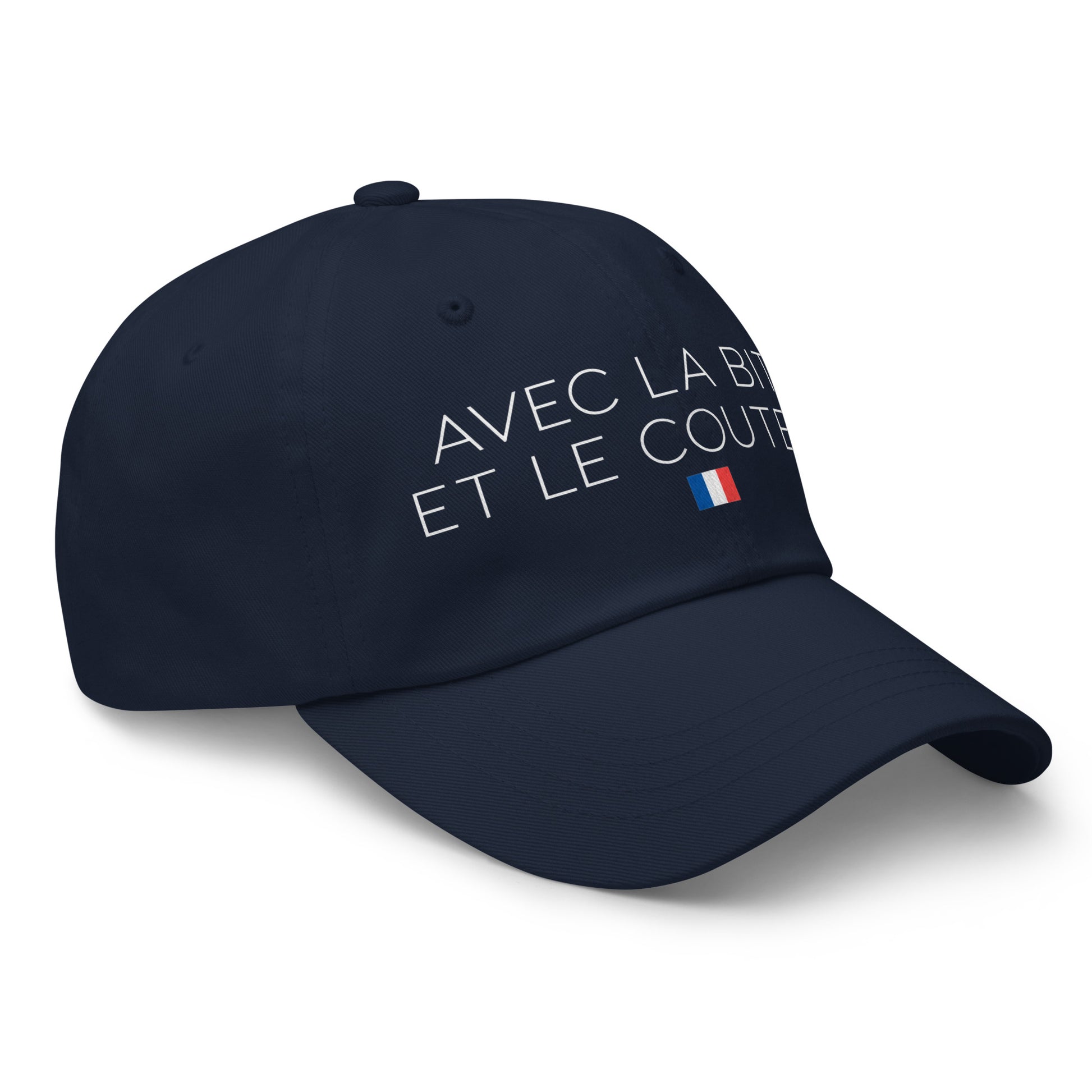 Casquette Baseball, brodée « Avec la bite et le couteau », en Bleu Marine, vue de trois quarts, image 12
