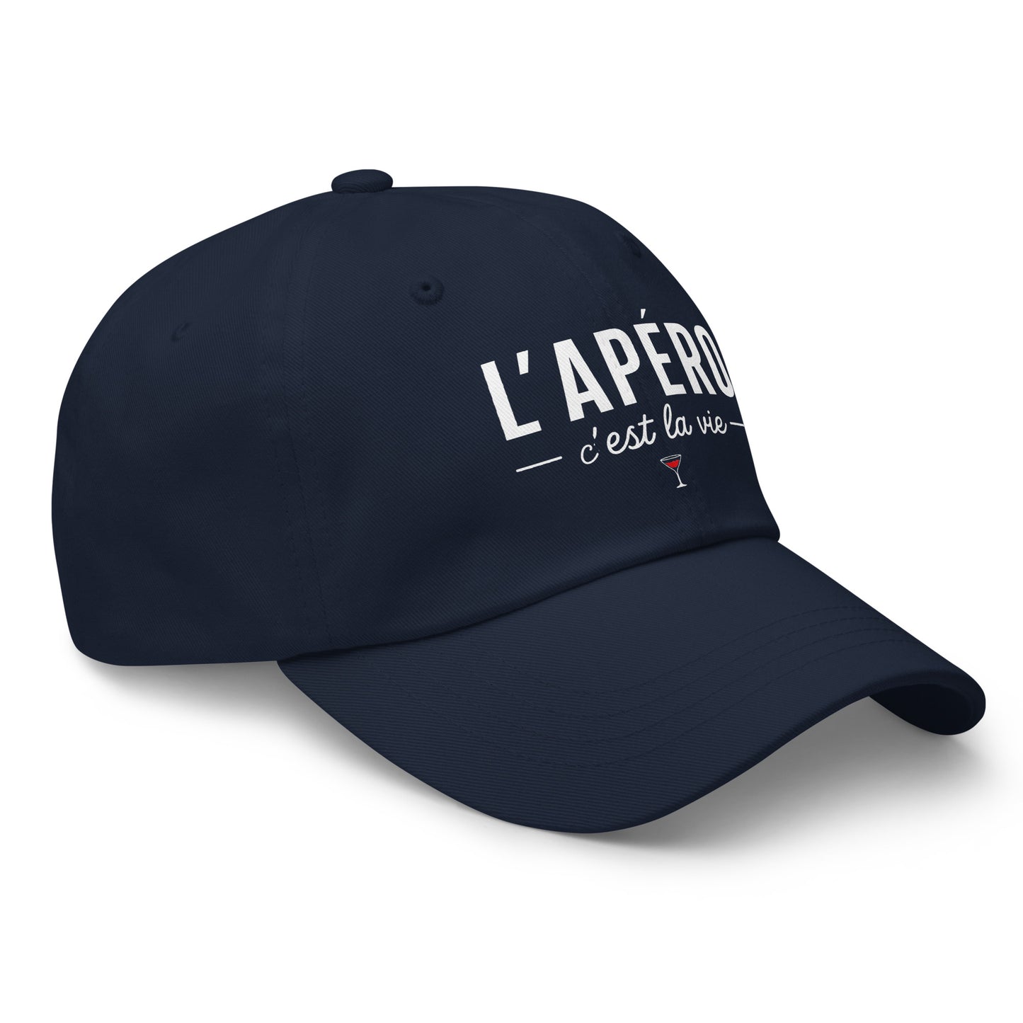 Casquette Baseball, brodée « L'apéro c'est la vie », en Bleu Marine, vue de trois quarts, image 12