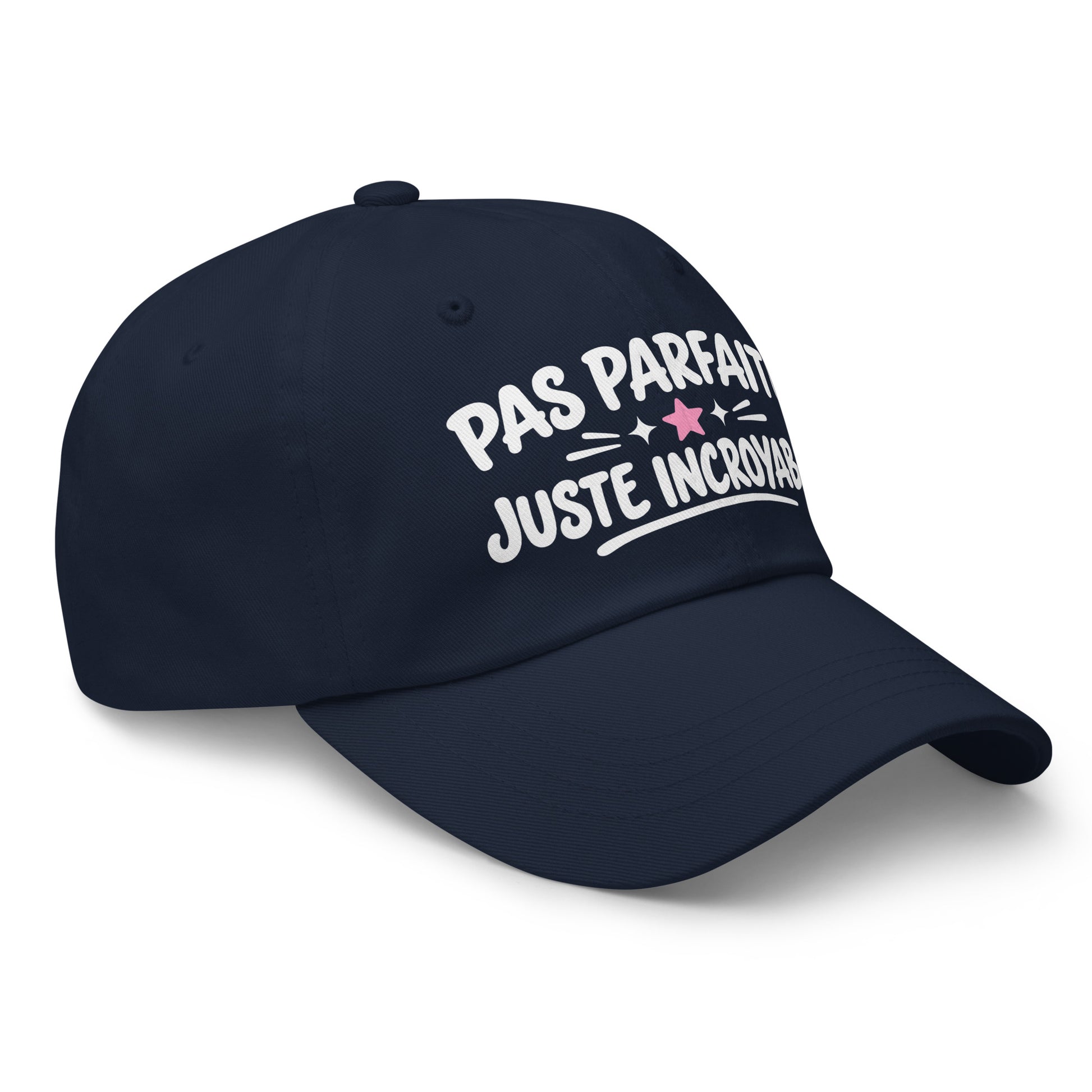 Casquette Baseball, brodée « Pas parfaite, juste incroyable », en Bleu Marine, vue de trois quarts, image 11