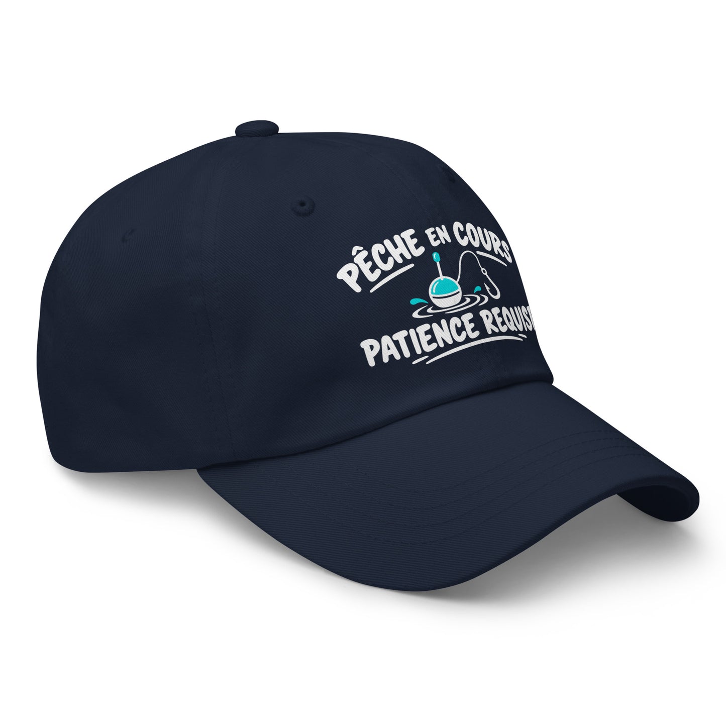 Casquette Baseball, brodée « Pêche en cours, patience requise », en Bleu Marine, vue de trois quarts, image 12
