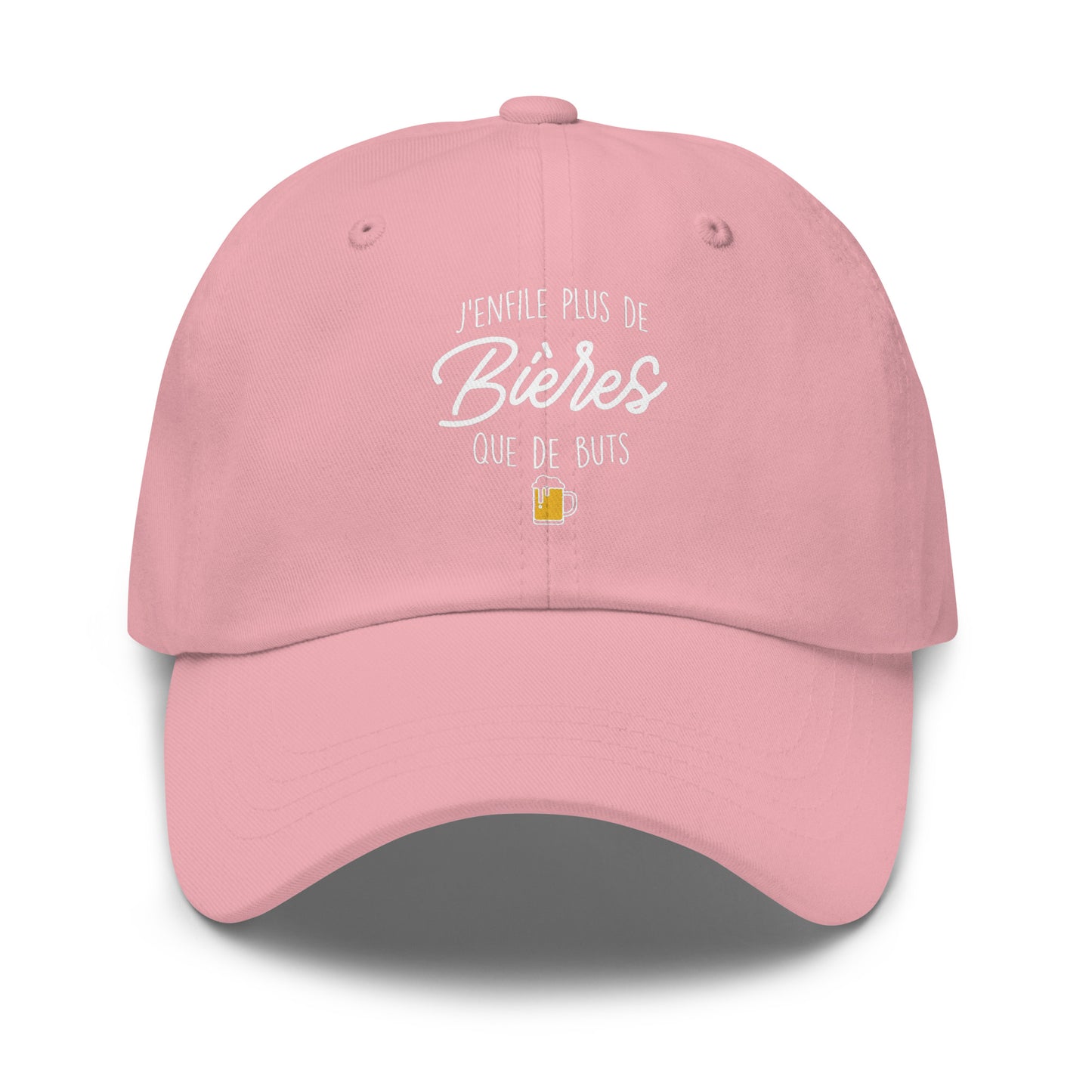 Casquette Baseball, brodée « J'enfile plus de bières que de buts », en Rose, vue de face, image 3