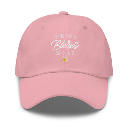 Casquette Baseball, brodée « J'enfile plus de bières que de buts », en Rose, vue de face, image 3